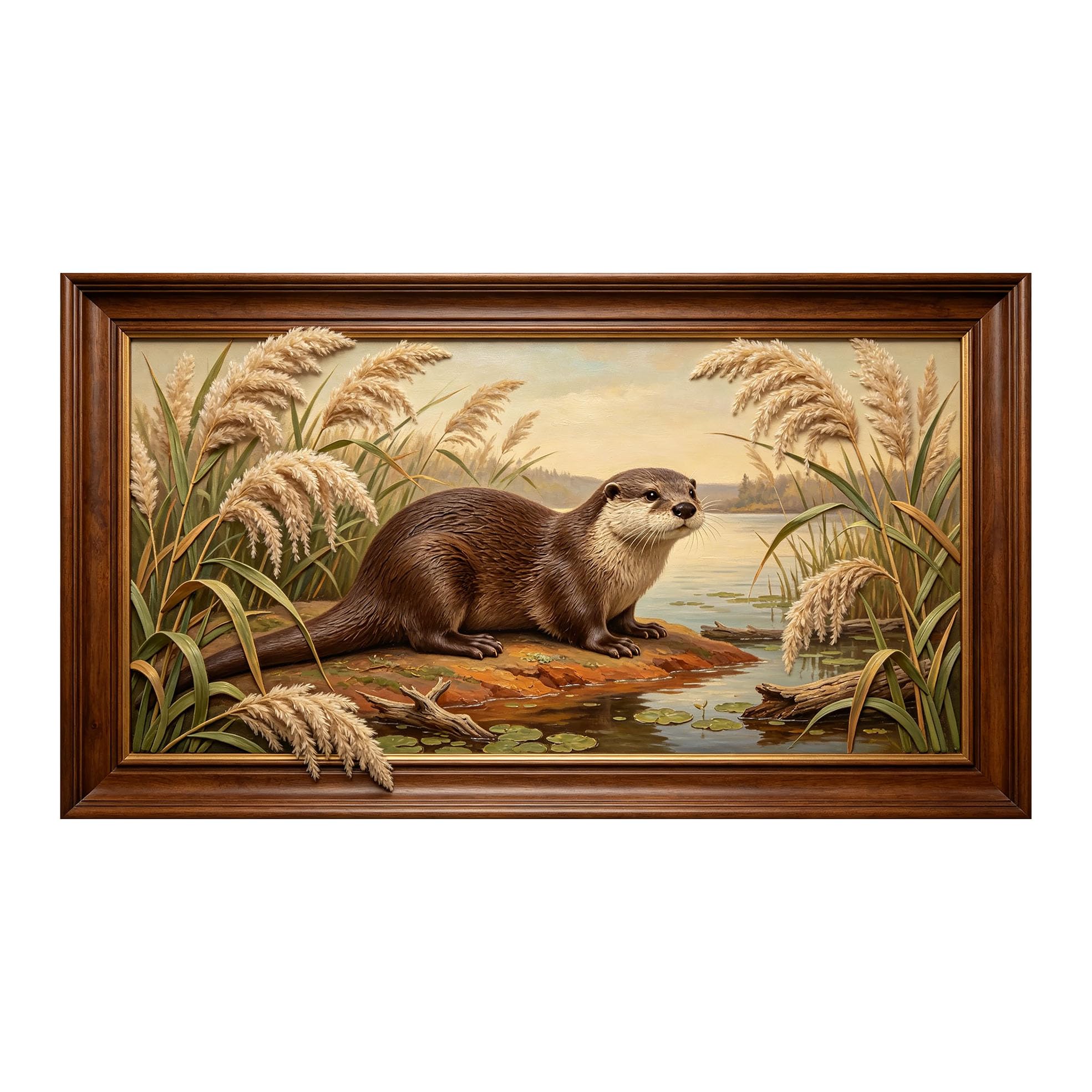 Yzpallescene 3D 3D Framed Wall Art 50cm×90cm River Otter Wildlife Landscape Oil Painting Large Size SelfAdhesive Removable Wall Decor Prints Artwork for Living Room Bedroom Office
