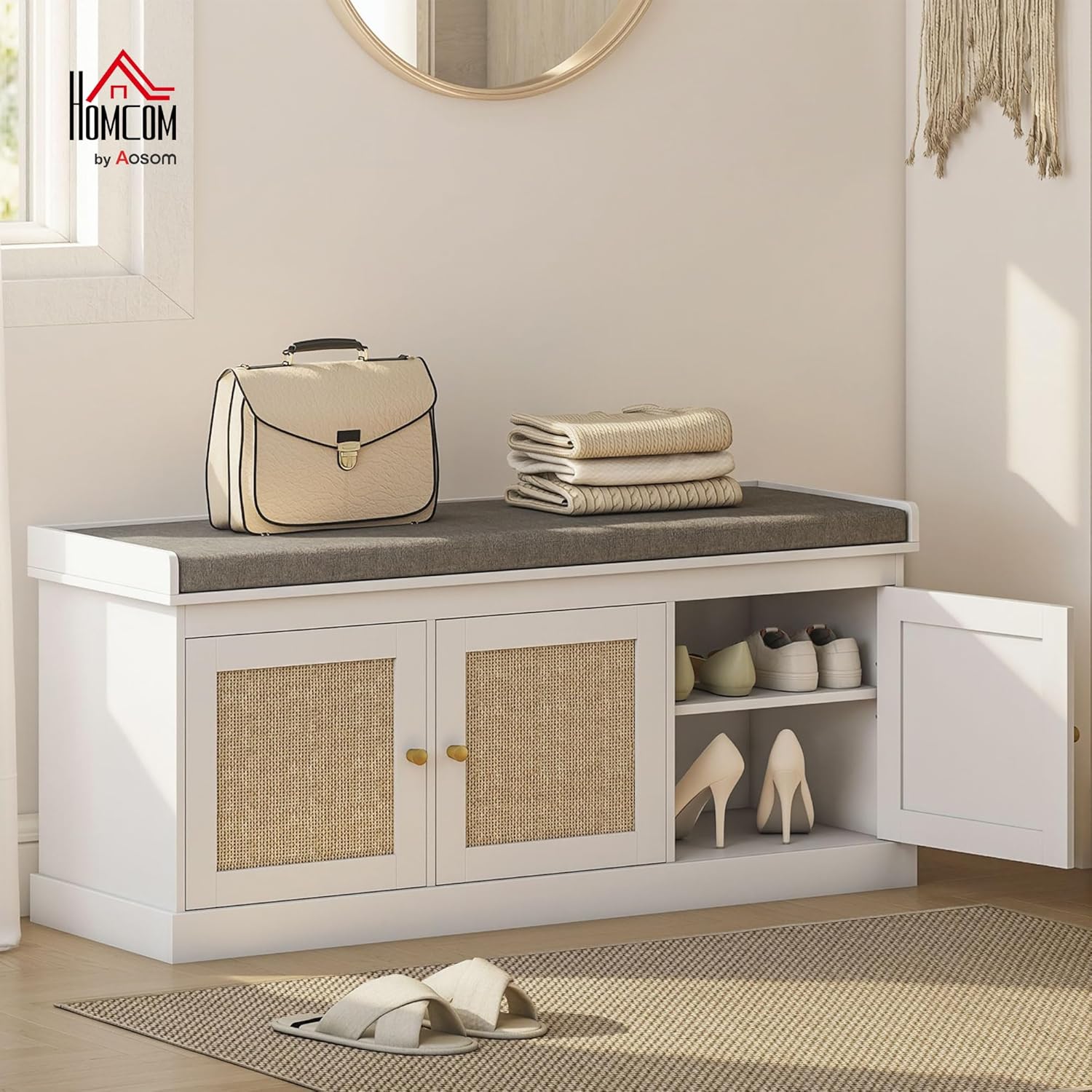 HOMCOM Shoe Bench with Woven Rattan Doors, Shoe Storage Bench with Cushion, Adjustable Shelves for 9 Pairs, Boho Style Entryway Bench for Bedroom, Living Room, 13.8 x 41.3 x 18.5 Inches, White