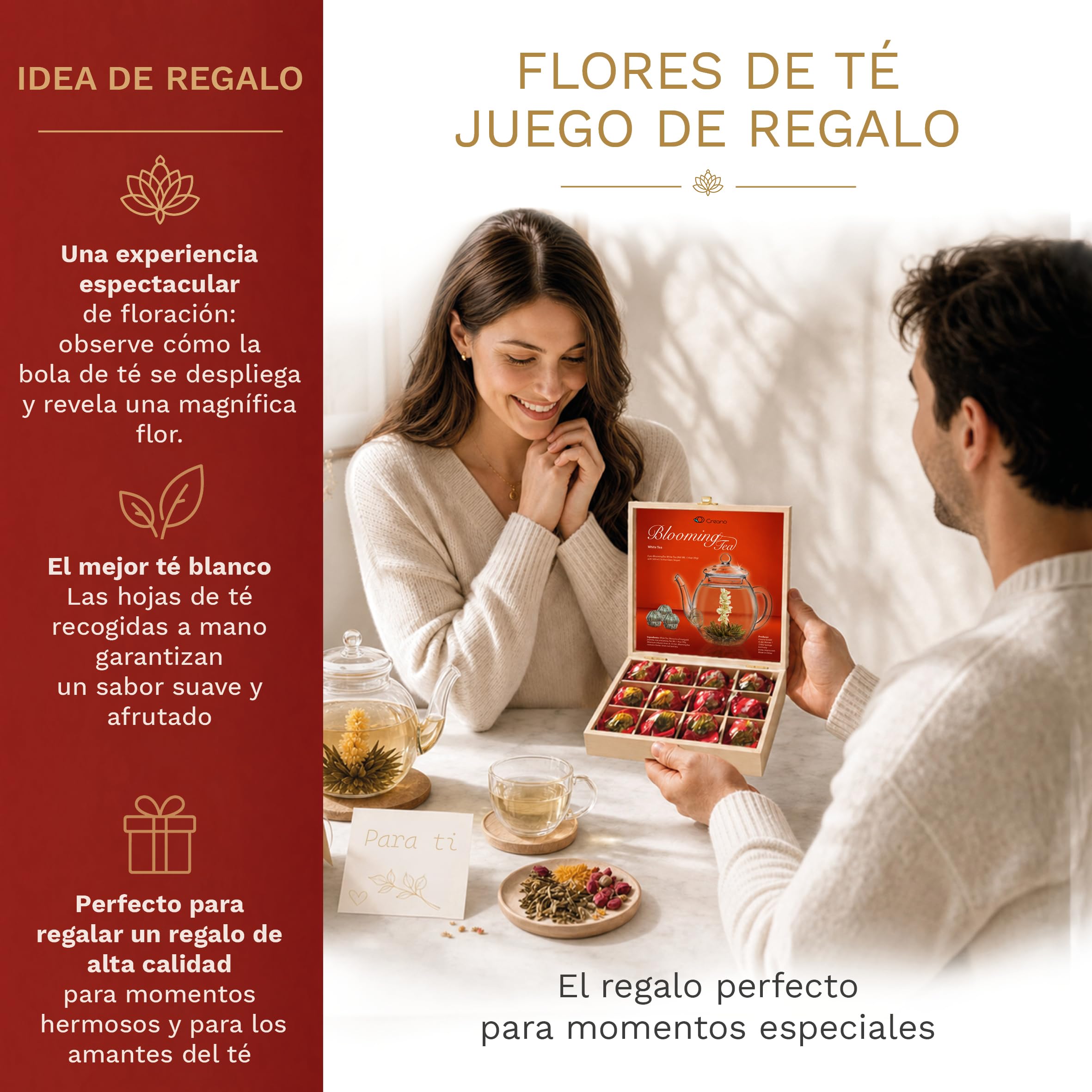 Creano Flores de Té Blanco 12 uds – Cofre de Madera con 6 Variedades – Regalo Sostenible y Elegante para Mujer y Amantes del Té Gourmet