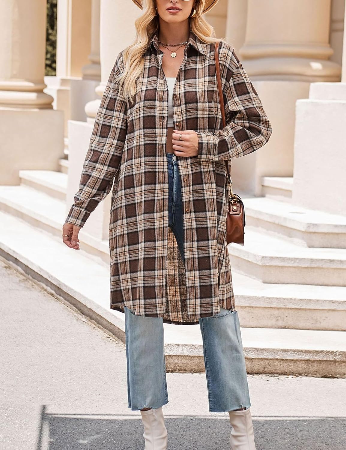 Bozanly Oversized Mid Long Plaid Flannel Shirts for Women Lapel Long Sleeve Check Blouse with Pockets - Image 5