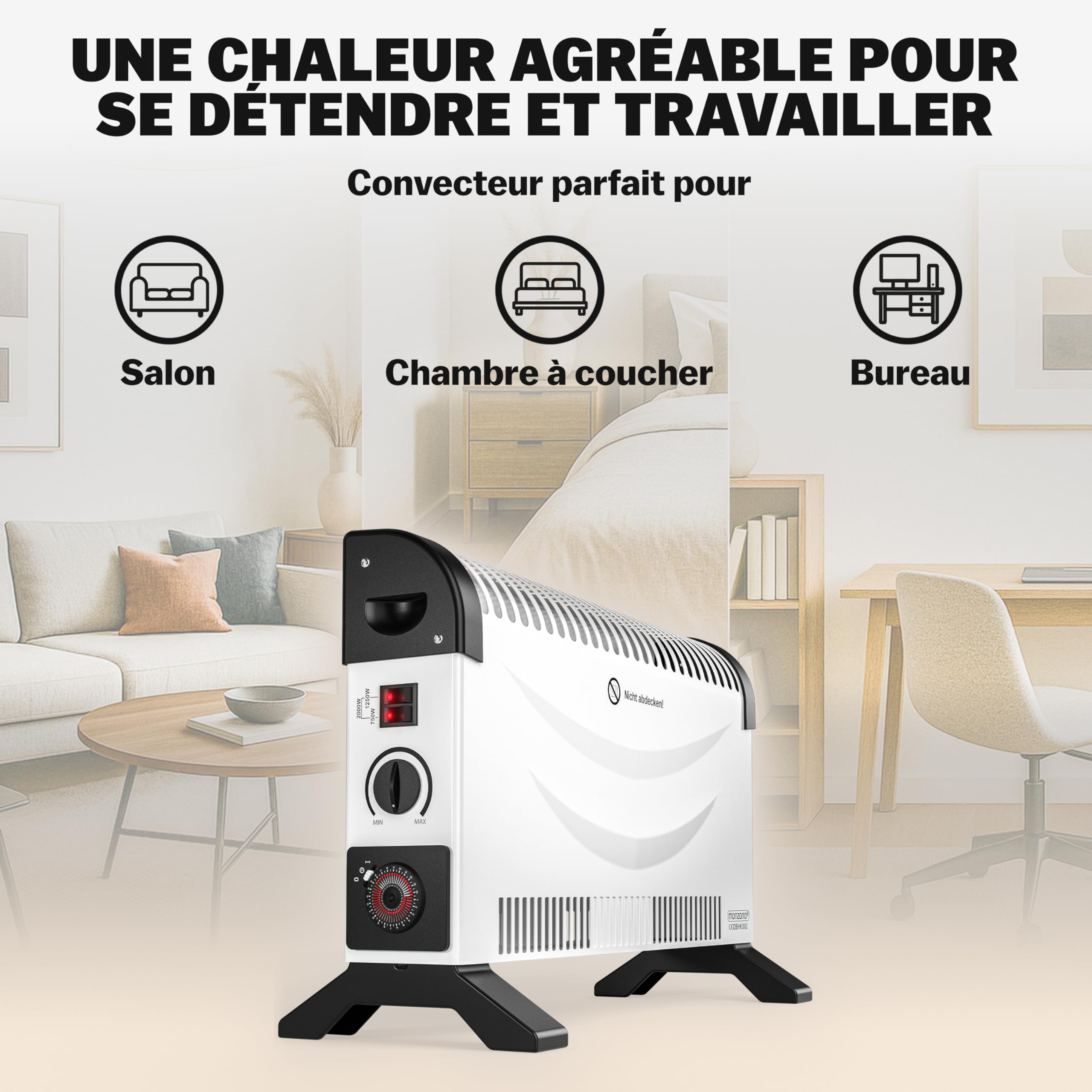 MONZANA® Convecteur électrique 2000W chauffage d'appoint minuteur 24h 3 niveaux de chauffage thermostat radiateur électrique mobile pied