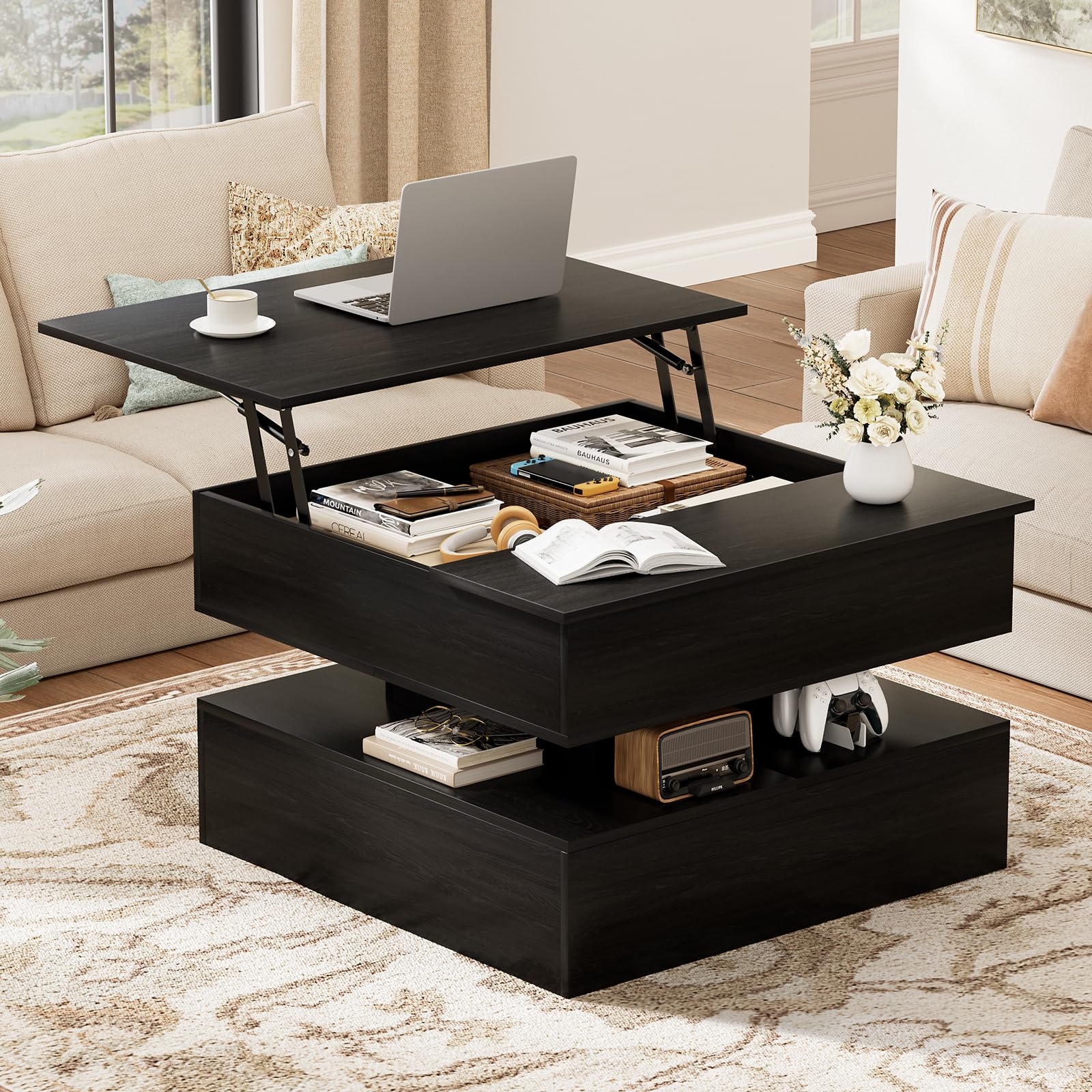 FABATO Lift Top Coffee Table with Storage and Hidden Compartment, Wood Square Coffee Table for Living Room,31.5'' Small Center Table with Open Display Shelf for Dining Reception Room, Black