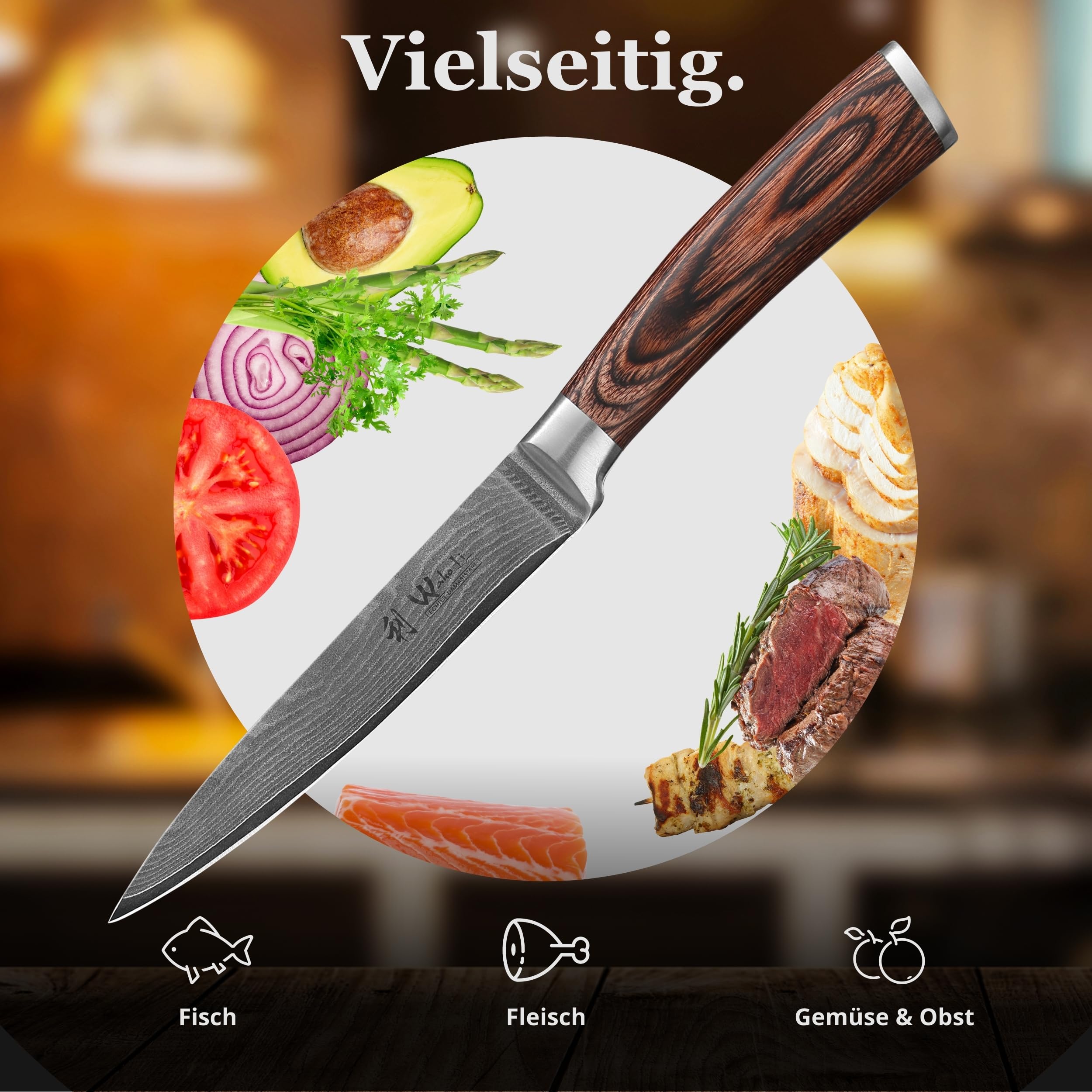 Wakoli EDIB Damast Allzweckmesser mit Gravur – Personalisiertes Messer, 12,5 cm Klinge aus 67 Lagen Damaststahl (VG10-Kern), Pakkaholzgriff – Einzigartiges Küchenmesser Geschenk, Geschenkverpackung
