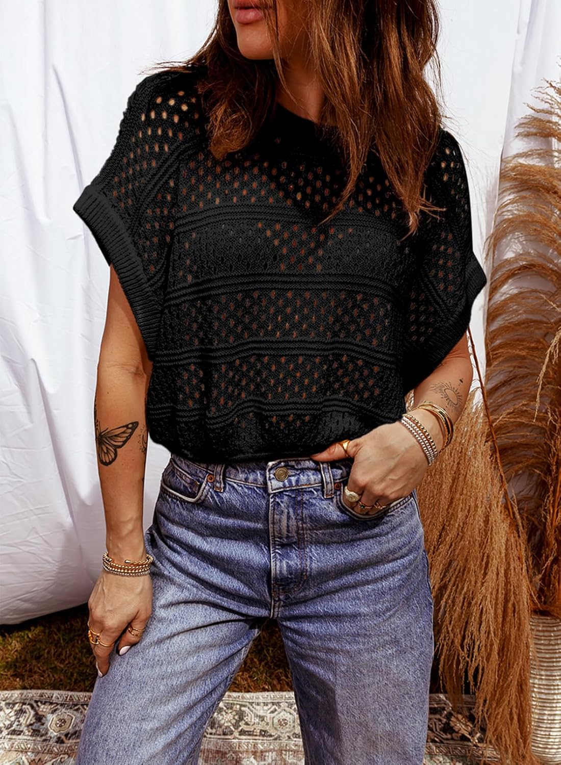 Sidefeel Womens Summer Sweaters Lightweight Casual Short Sleeve Crochet Hollow Out Knit Pullover Tops Clothing - Image 6