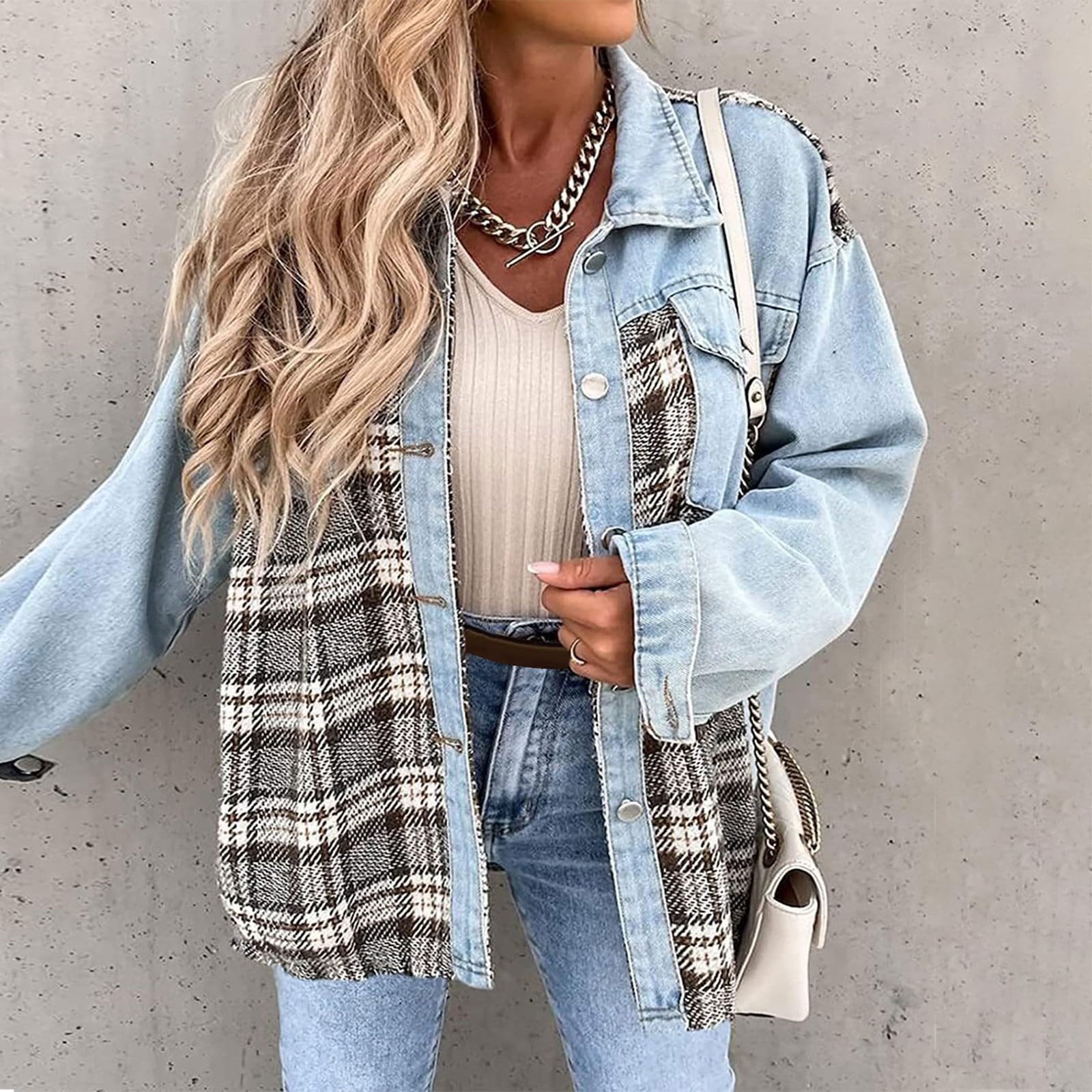Ansenesna Jeansjacke Damen Winter Karierte Winterjacke Damen Jeans Hemdjacke Frauen Kariert Damen-Jacken Denim Mit Knöpfen Jacke Mantel Langarm Damenmantel