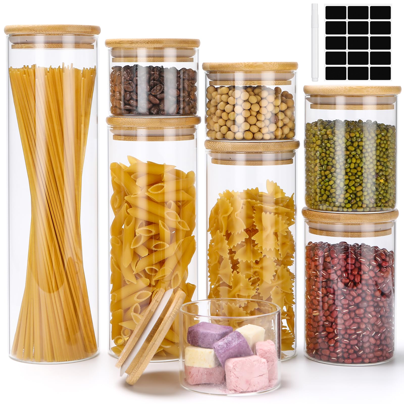 Lannvan Glazen voorraadpotten met deksel, 8-delige set, luchtdicht, borosilicaat, BPA-vrij, voor koffiebonen, granen, noten, bloem, pasta, spaghettiopslag
