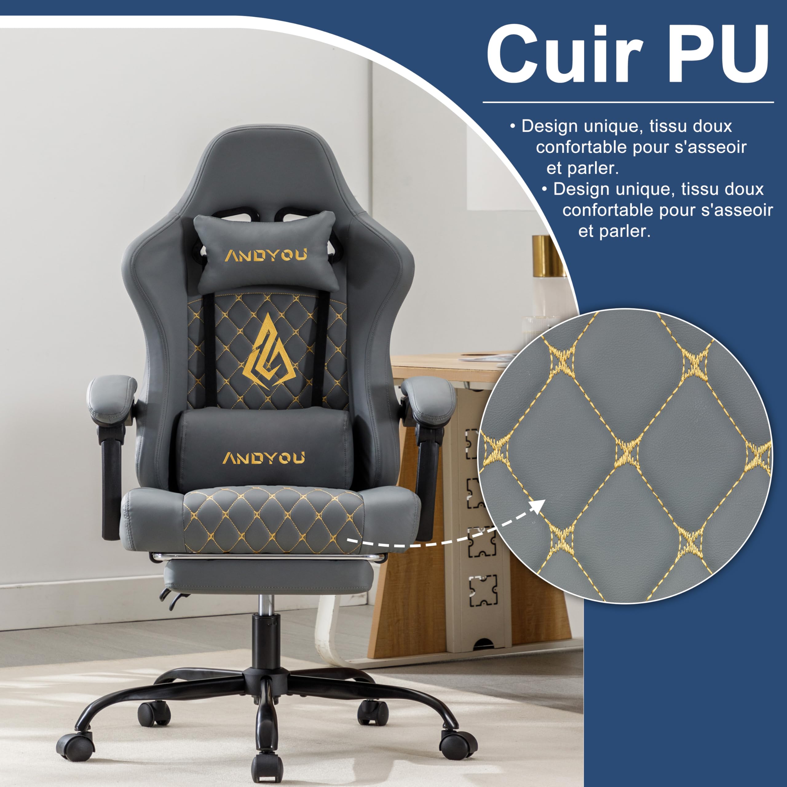 Andyou Silla Gaming Ergonómica Profesional con Soporte Lumbar - Silla Gamer para Adulto, Giratoria y Reclinable con Reposapiés Ajustable y Tela Transpirable, Soporte 150 kg para Oficina y PC