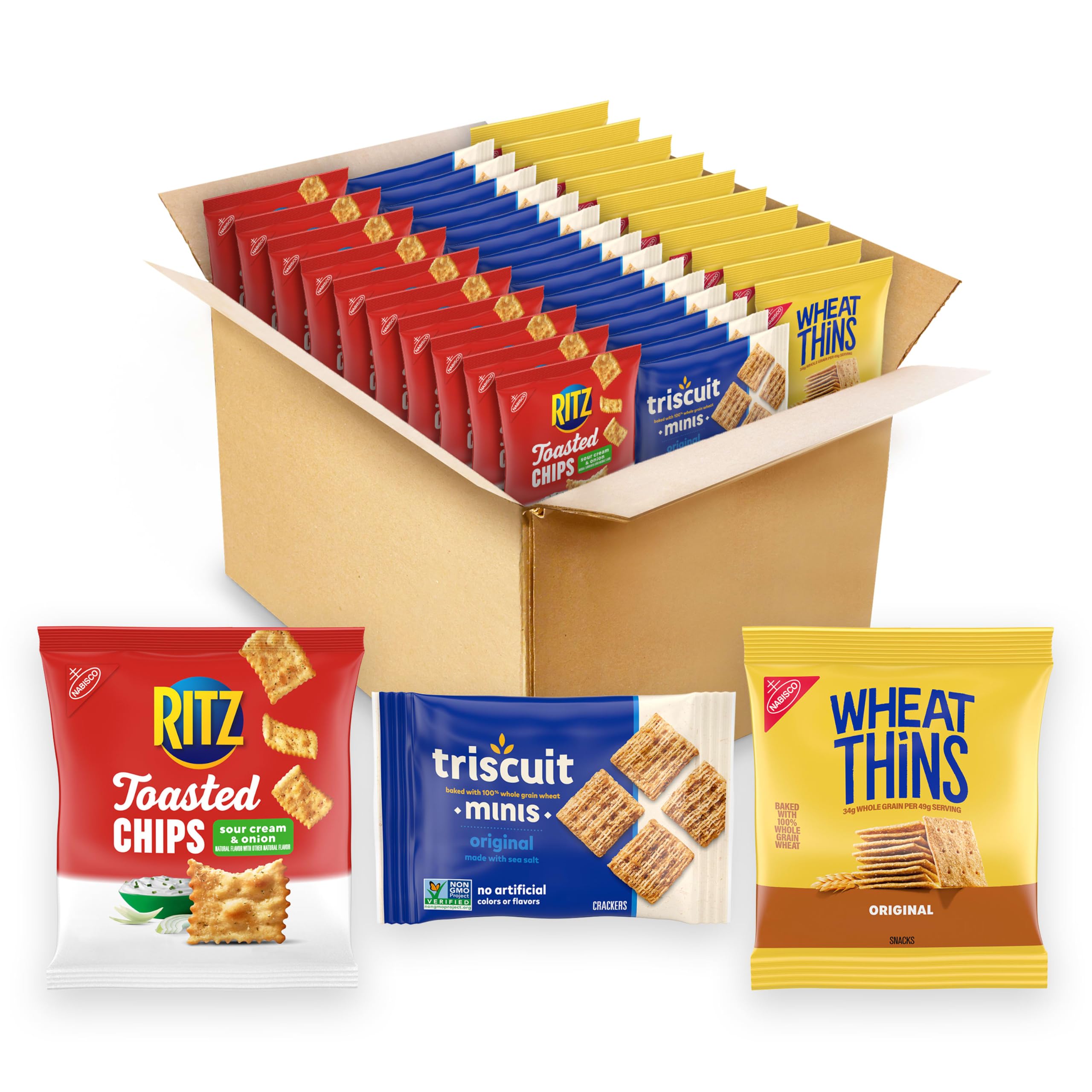 Nabisco Paquete variado de galletas, chips tostados RITZ, galletas de trigo integral y galletas veganas de trigo integral Triscuit Minis, 40 paquetes de aperitivos
