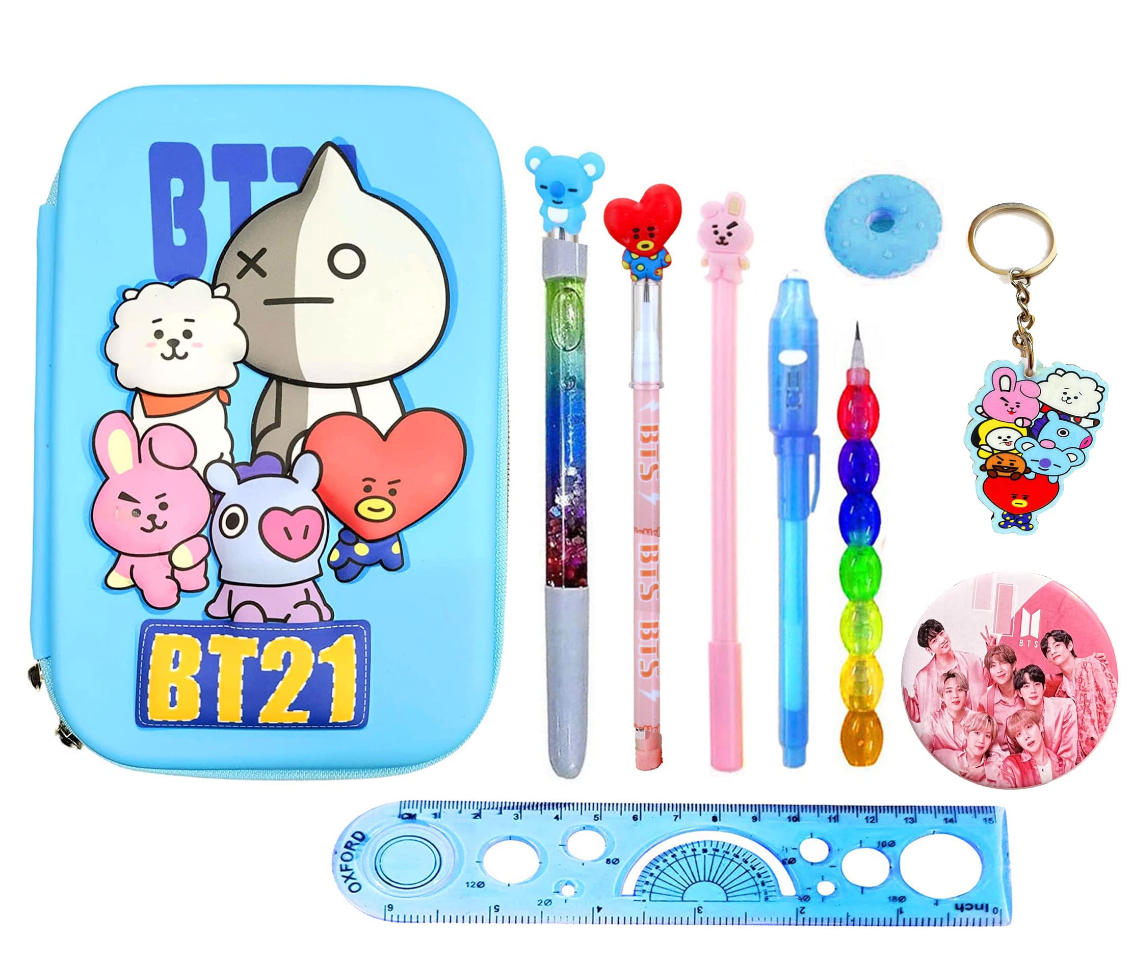 KOBBET Canvas 10 Pcs Bts Stationery Set For Kids,Bt-21 3D Embossed Pencil Pouch With Bt-21 Pen,Glitter Pen,2 Pencils,Cheating Pen,Key Chain,Badge,Eraser,Scale Return Birthday Gift Kids (Blue) (B0BNDWHYG2) Amazon Price History, Amazon Price Tracker