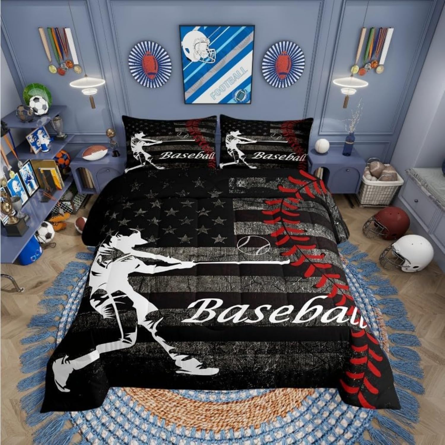 Erosebridal Boys Baseball Comforter Set Vintage American Flag Bedding Full Size for Adult Girls Kids Ball Games Sports Theme Duvet Set Retro USA Flag