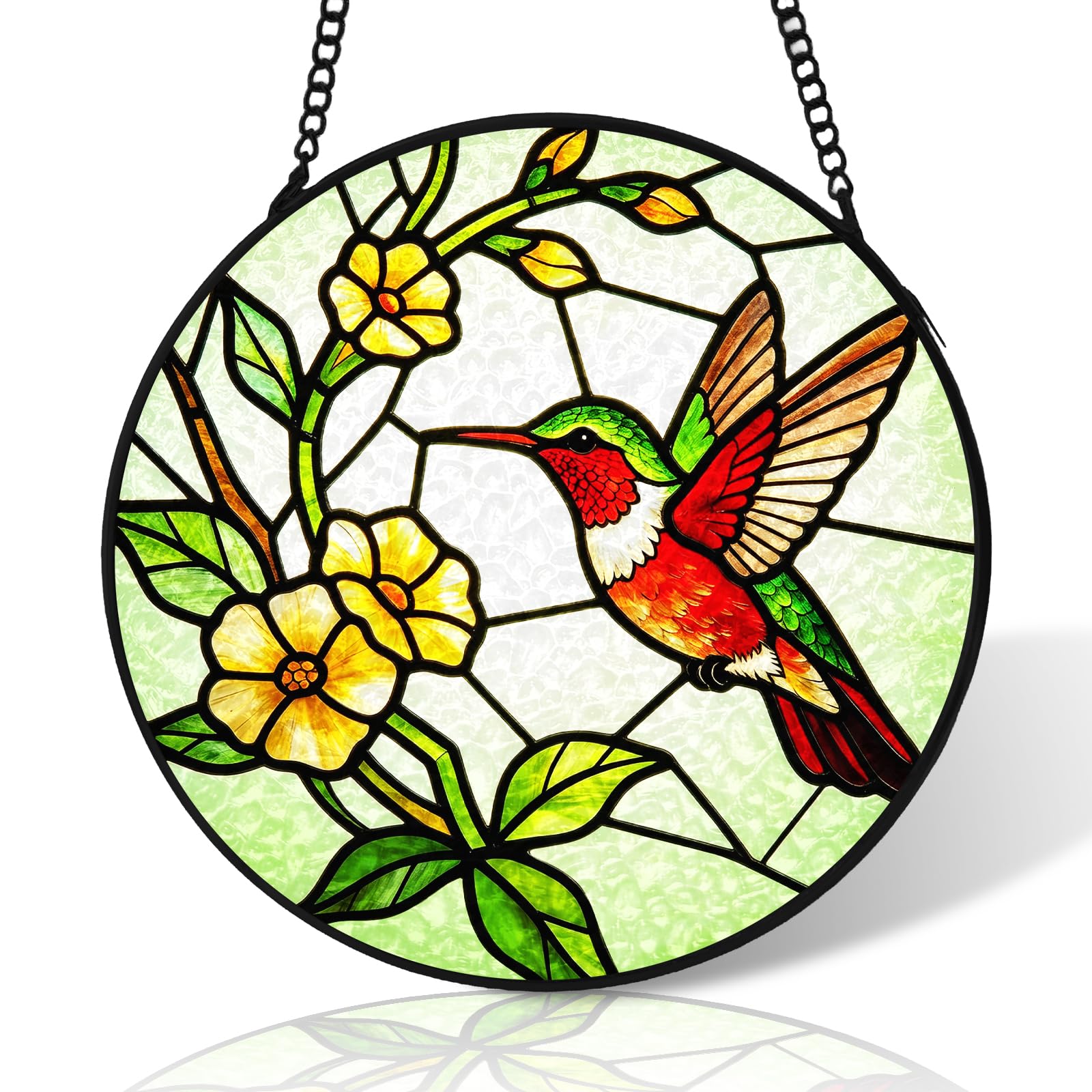 8 inch Flower Hummingbird Stained Glass Suncatcher Windows Hanging,Stained Glass Ornament Home Decor,Suncatchers for Windows Hanging,Birthday Gifts for Women,Lovers,Friend(Black)