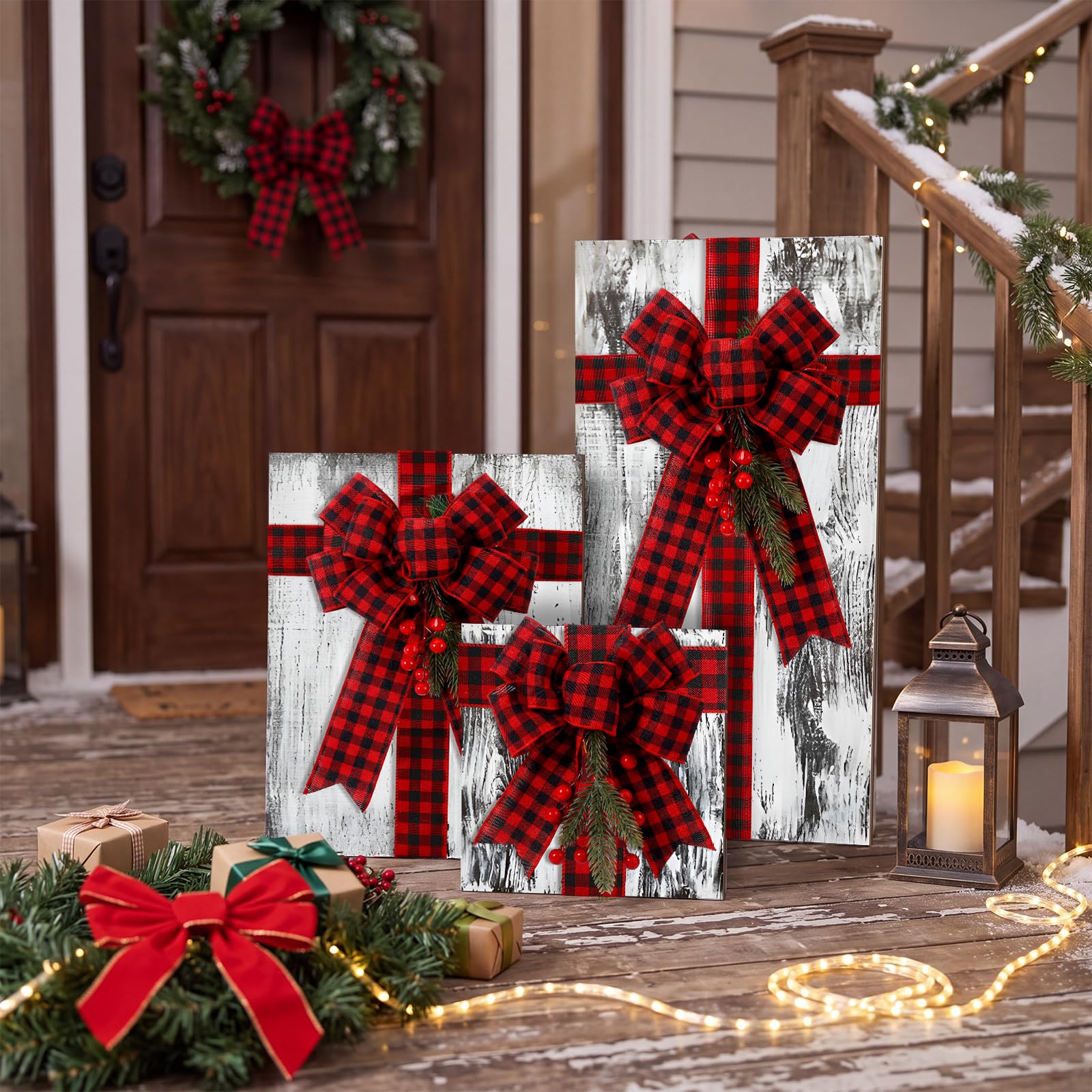 Weysat Lot de 3 grandes boîtes cadeaux de Noël en bois rustiques avec nœud papillon pour porte d'entrée extérieure et cour (blanc)