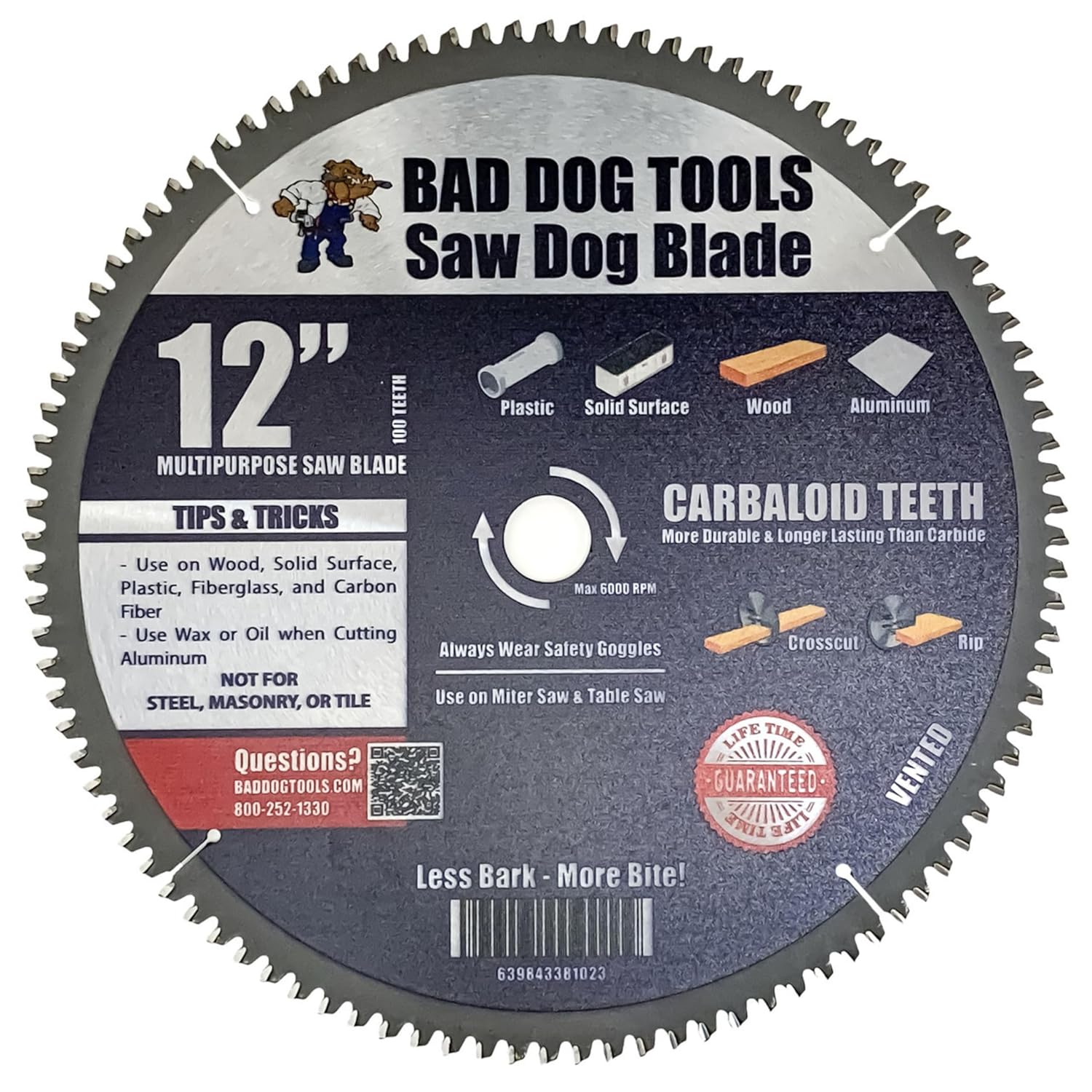 Bad Dog Tools Saw Dog 12 inch Circular Blade. 100-Tooth Carbide Tipped Finish Blade for Wood & Multiple Materials. Use with Circular, Miter or Table Saws