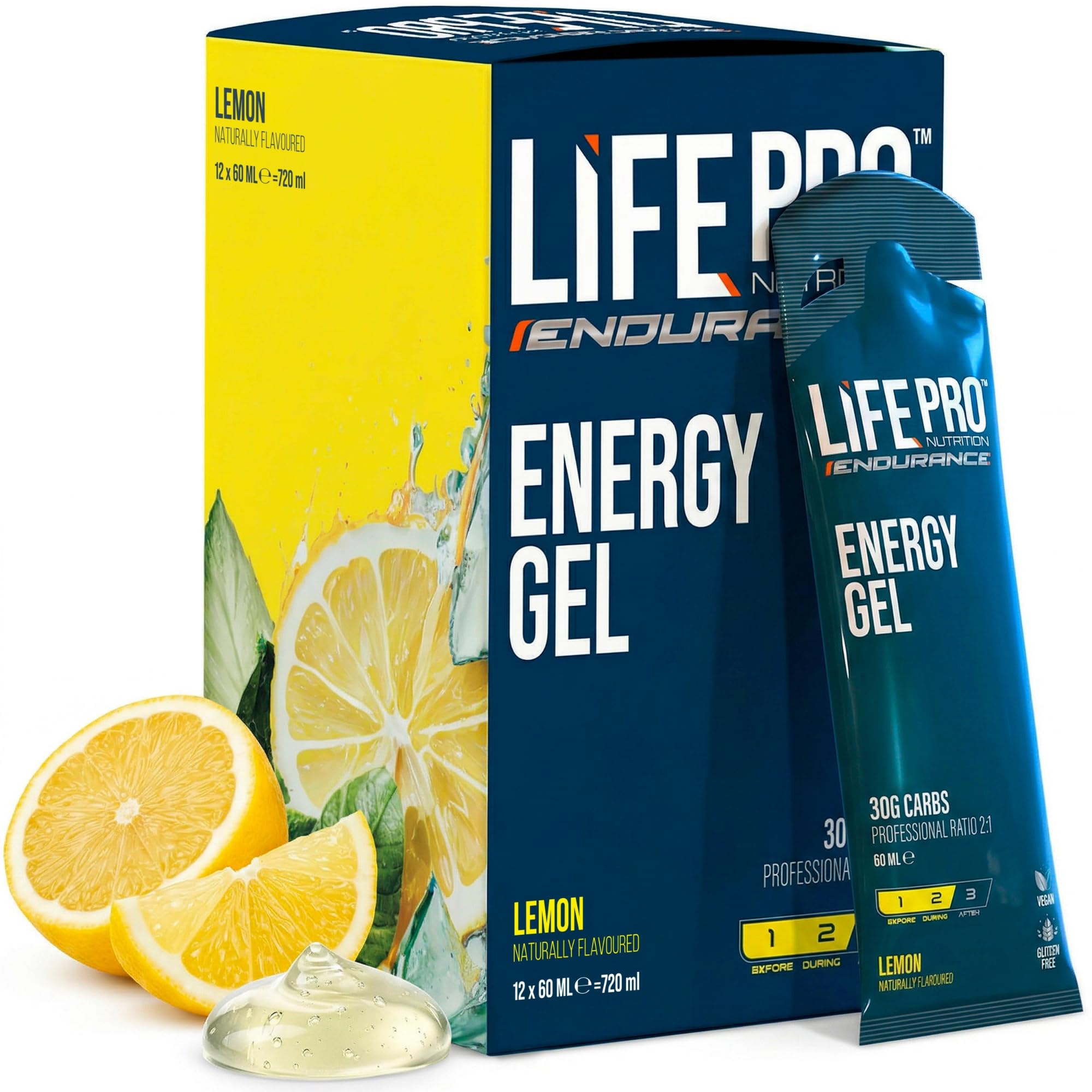 Life Pro Endurance Energy Gel 12X60Ml - Potente Fuente de Carbohidratos y Electrolitos para Rendimiento Superior en Deportes de Resistencia, Ideal para Ciclistas y Corredores (Sin cafeína, Limón)