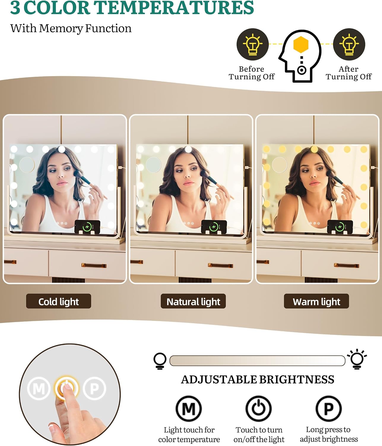 YITAHOME Hollywood Style LED Make-Up Mirror with USB & Type-C Connection, 3 Colour Temperatures Dimmable, 10 x Magnifying Mirror & Mobile Phone Holder, White, 58 x 46 cm image 4