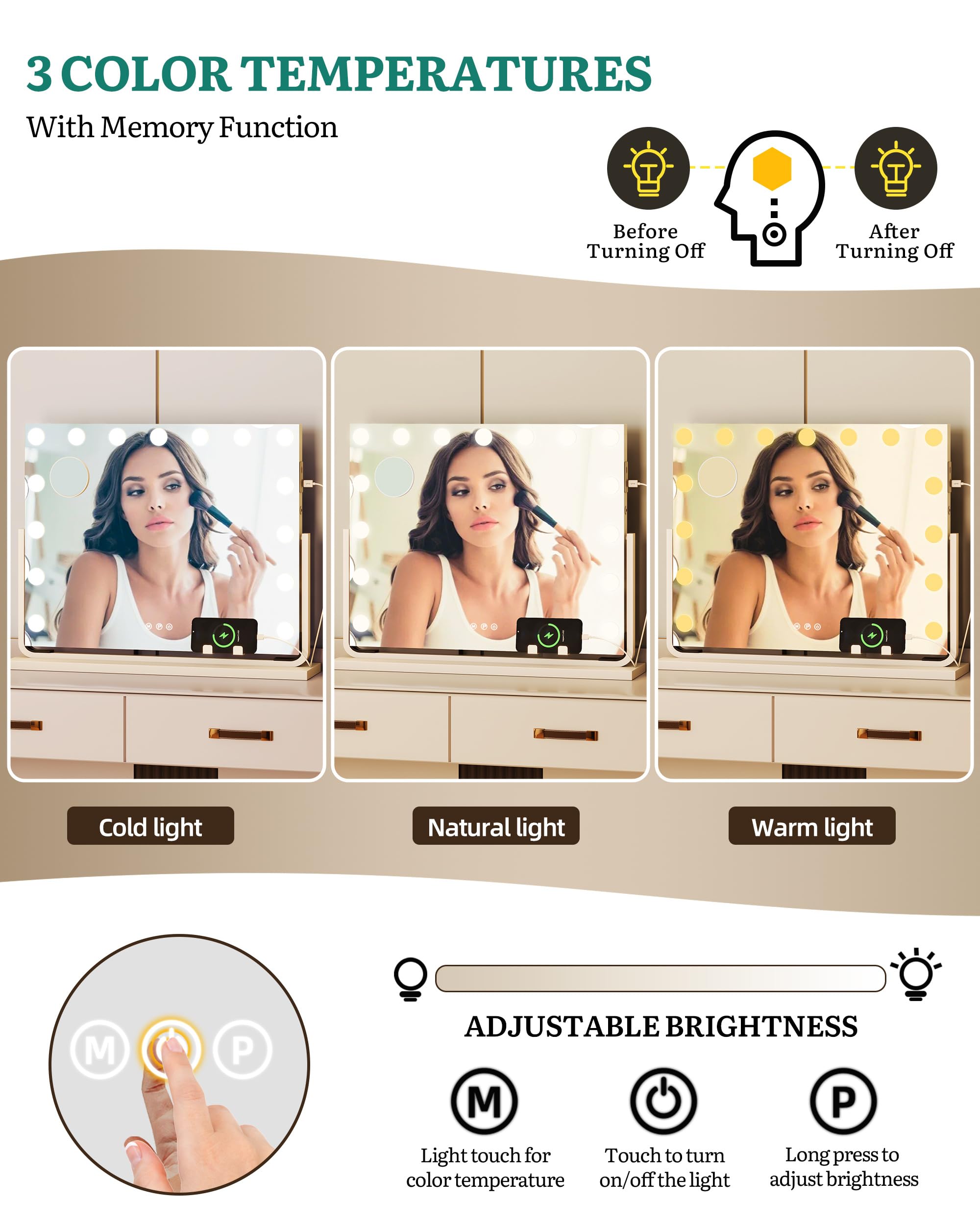 YITAHOME Lusterko do makijażu LED, 15 diod LED, styl Hollywood, z przyłączem USB i typ C, 3 temperatury barwowe ściemniane, 10 x lusterko powiększające i uchwyt na telefon komórkowy, białe, 58 x 46 cm