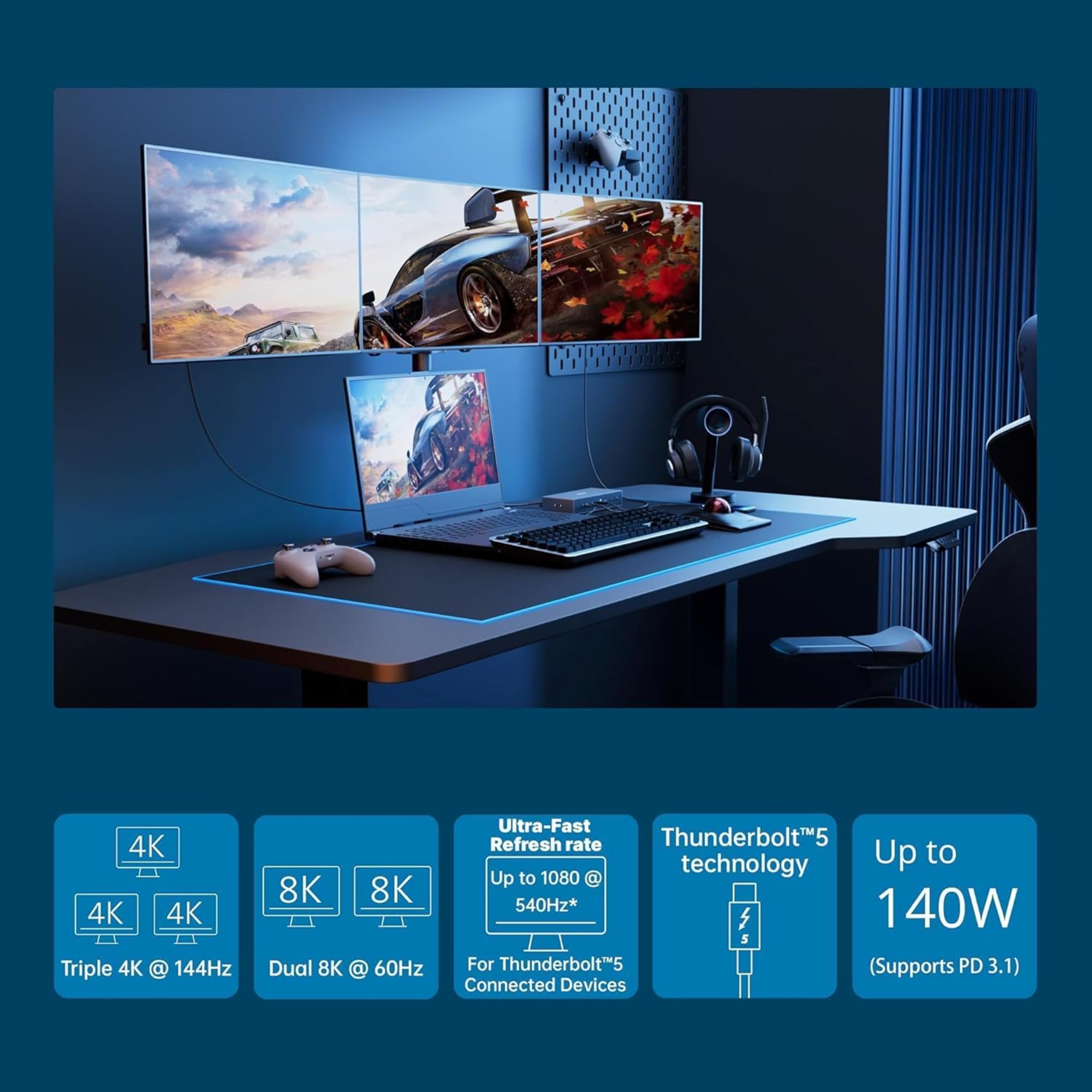Kensington SD5000T5 EQ Thunderbolt 5 Docking station, triplo monitor 8K/4K, lettore di schede SD e Micro SD, Potenza alimentazione 140W, 3x Thunderbolt 5, Ethernet e USB 3.2 Gen2 - Grigio (K35201EU)