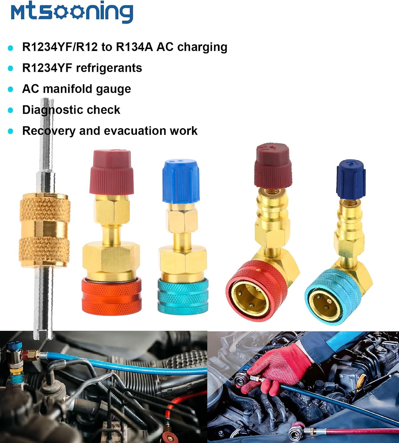 4 PCS R1234yf Adapter Kit, R1234yf to R134a Quick Coupler, 90° & Straight High/Low Side Connector Conversion Set for for Car Air Conditioning Refrigerant HVAC Recharging