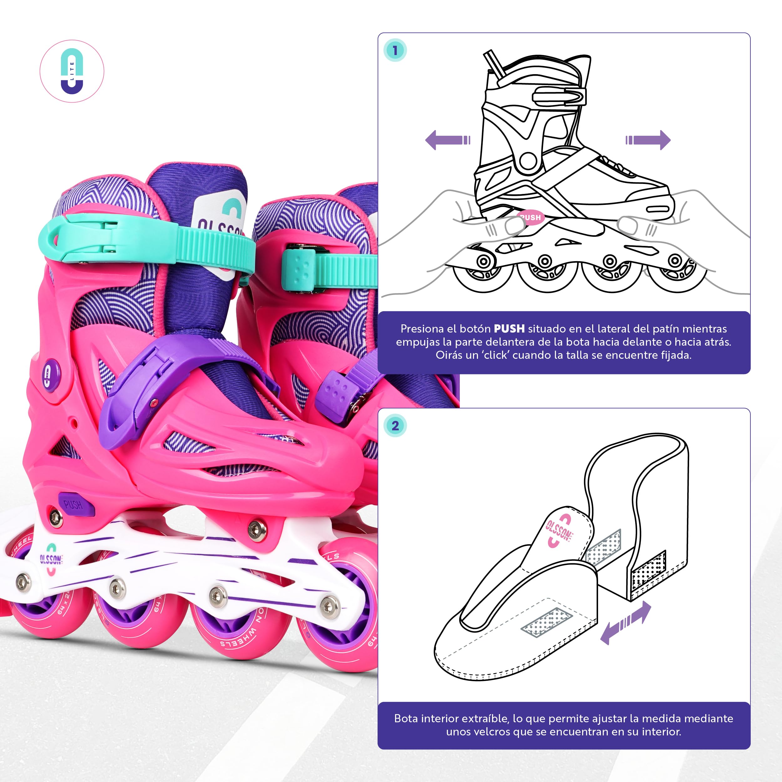 OLSSON Patines en línea niña niño Lite - Talla 28-35 - Sistema de Tamaño Ajustable - Rodamientos 608Z - chasis Resistente al Impacto - Ruedas 64/70MM - Sujeción Regulable - Homologado