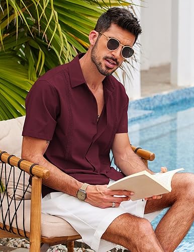 Miniatura 2 de COOFANDY - Camisa guayabera cubana de manga corta para hombre, camisa informal con botones para verano y playa