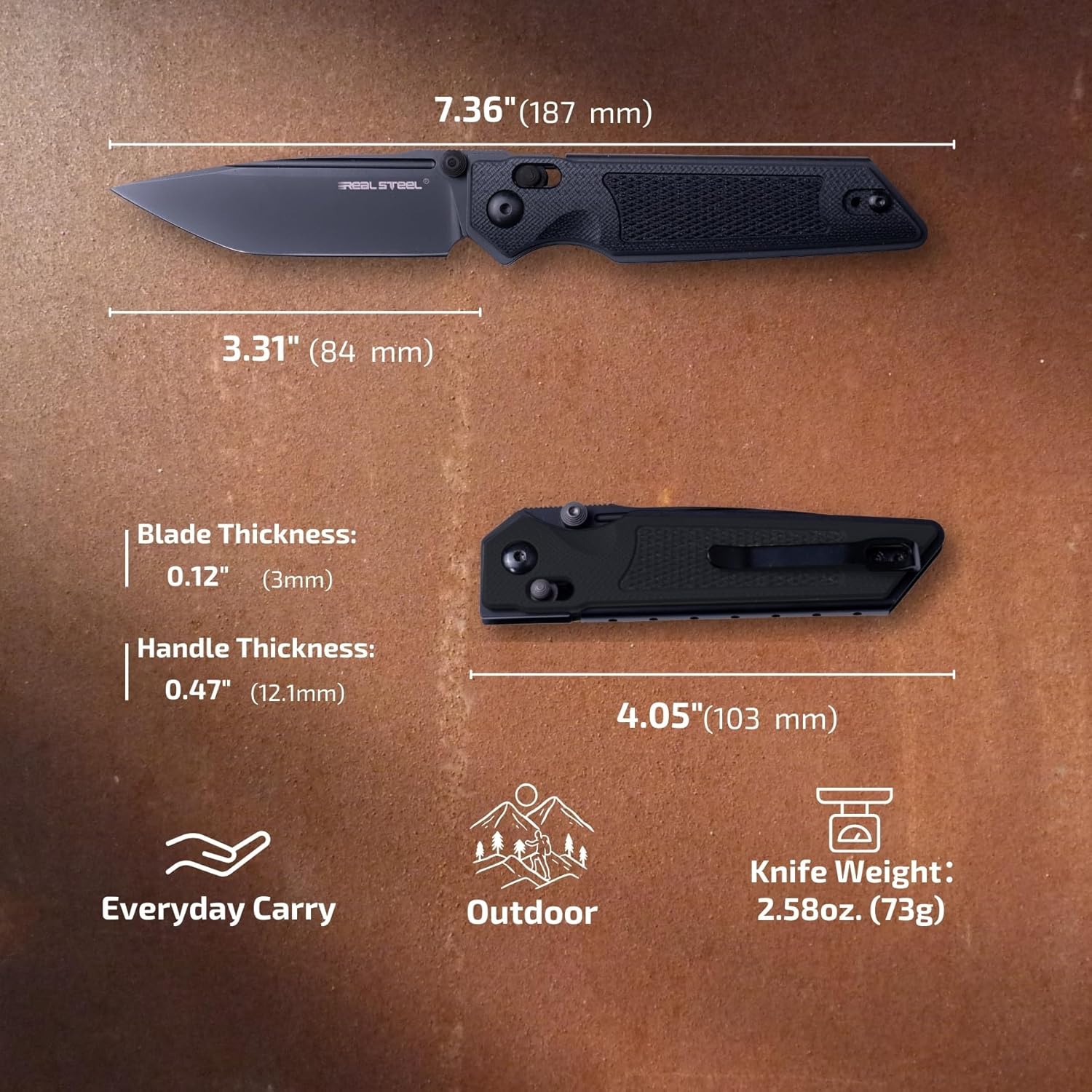 REALSTEEL SACRA Tac Pocket Knife, Folding Knife, Crossbar Lock, 3.31" Böhler K110 Steel Blade, Thumb Stud, G10/Micarta Handle, 2.58oz, Deep-carry Pocket Clip, EDC Outdoor Indoor, Gifts for Men Women Camping Hiking Climbing Fishing (Full Black Tac G10)