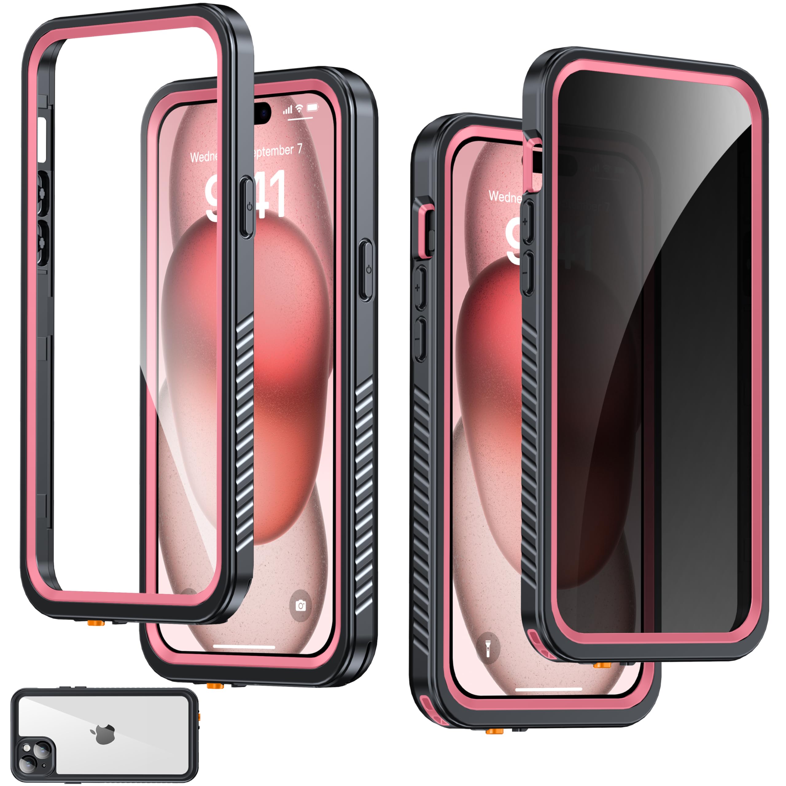 AMILIFECASES for iPhone 15 Plus Case Waterproof - Built-in Privacy Screen Protector & HD Screen Protector [IP68 Underwater] Shockproof Dustproof Full