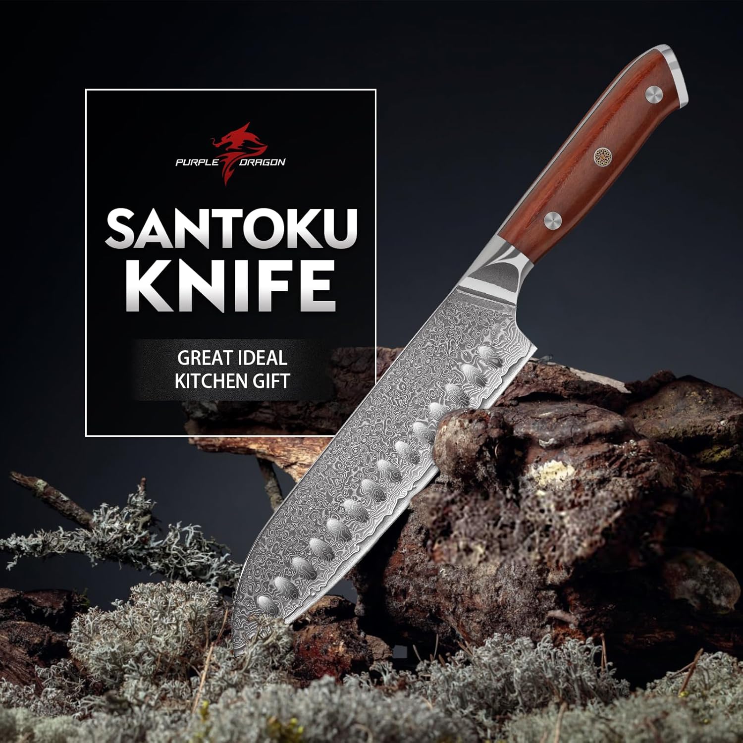Purple Dragon Santoku Knife 7 Inch, VG10 Steel Damascus Japanese Chef Knife for Kitchen Cooking Meat Cleaver, Cutting Vegetables and Fruit - Christmas Gift for Men and Women