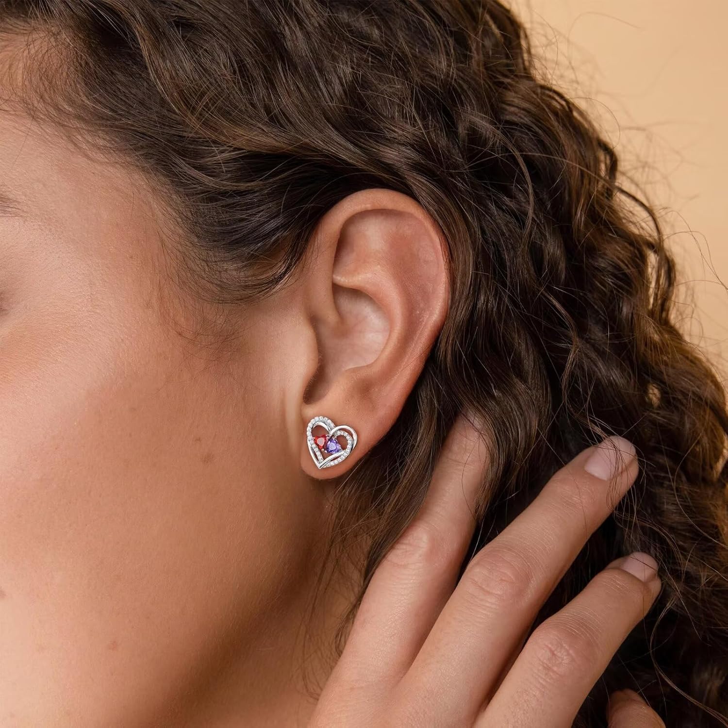 Iefil 925 Sterling Silver Double Birthstone Earrings, Heart Birthstone Stud Earrings, Anniversary Birthday Gifts for Women Christmas Valentines Gifts for Her Wife Girlfriend Mom - Image 2