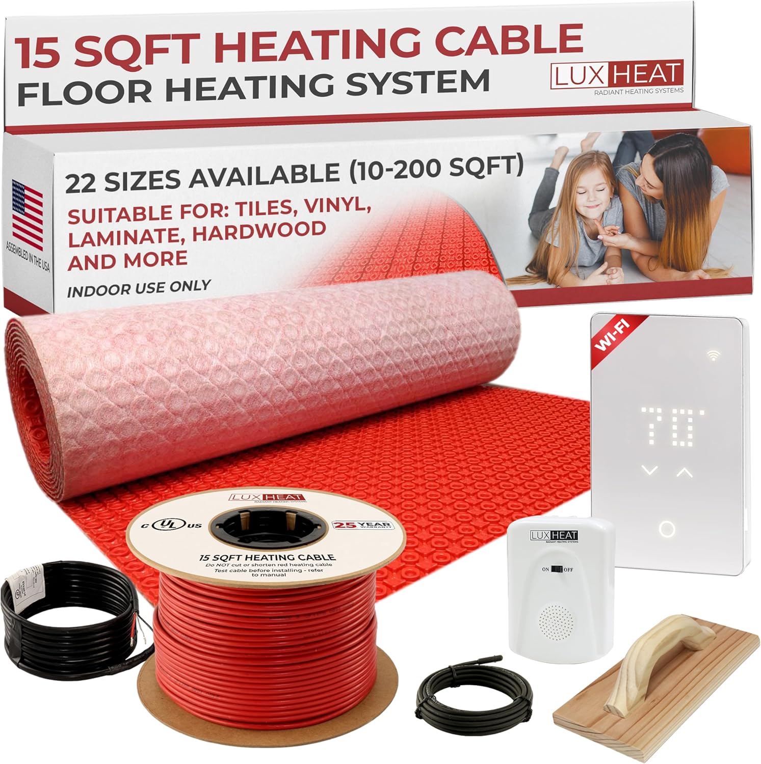 LuxHeat 15sqft Electric Radiant Floor Heating System - 120v Electric Heated Floor System - Includes UWG5 WiFi Programmable Thermostat w/GFCI, Uncoupling Membrane, Heating Cable, Sensor & Alarm