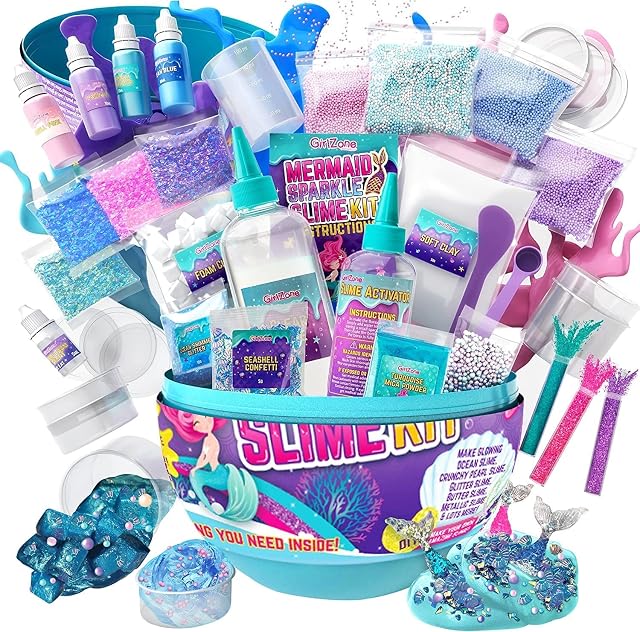 GirlZone Egg Mermaid Sparkle Slime Making Kit for Girls, 39 Fun Pieces to Make Sparkly Glow in The Dark Slime with Lots of Glitter Slime Add Ins