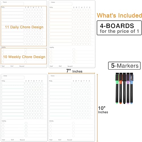 Miniatura 3 de Tabla magnética de tareas para niños, varios niños, 4 piezas de borrado en seco para adultos, adolescentes, familia, hogar, lista de tareas