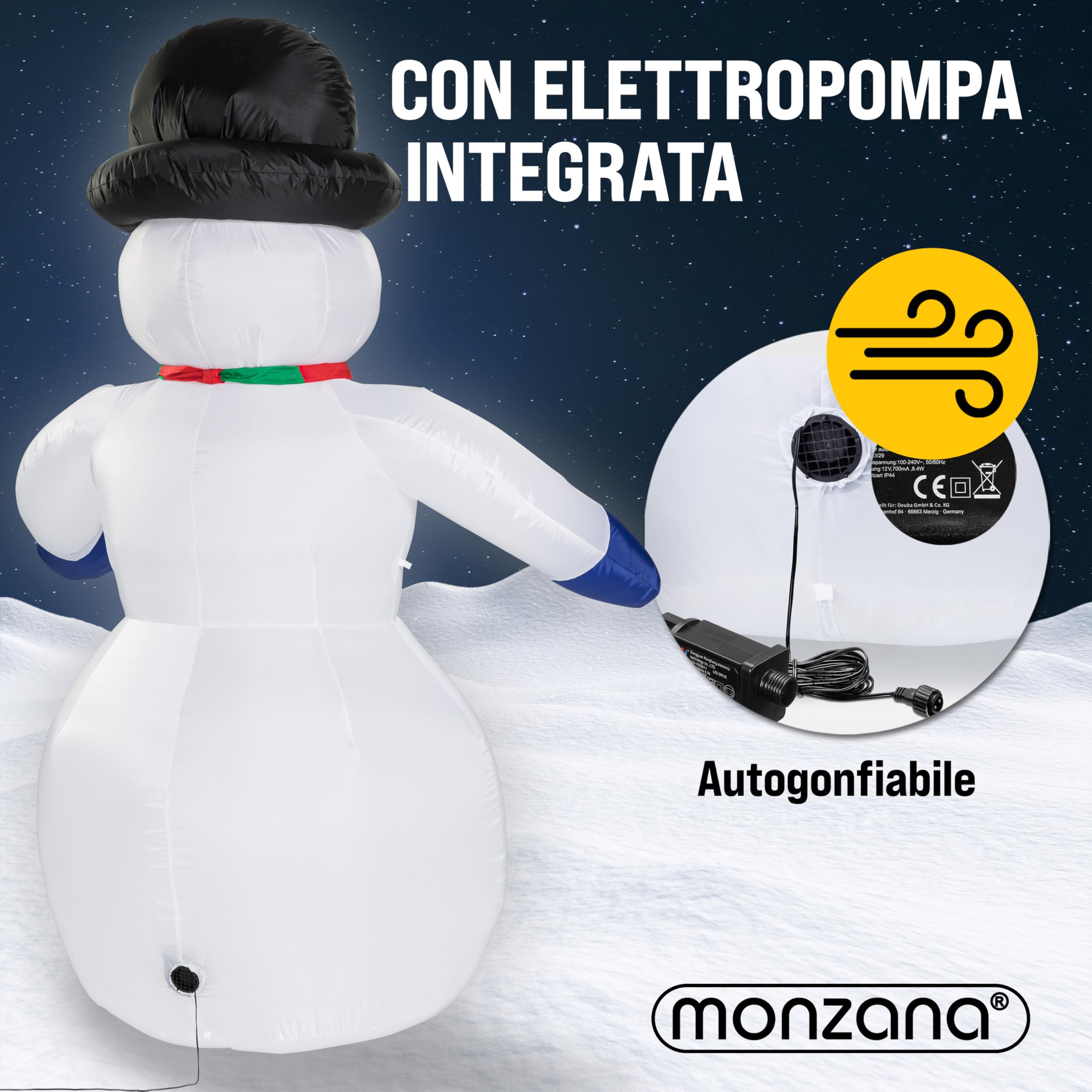 MONZANA® Pupazzo di Neve Gonfiabile XXL 240cm Luci LED Decorazione Natalizia Giardino Addobbi Natale Esterni Interni