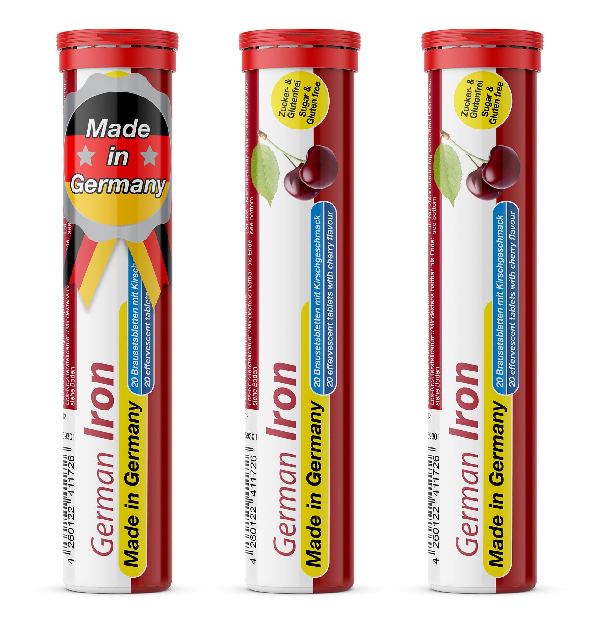 German Iron Drink Effervescent Tablets 60 Servings - Cherry Flavour – 14 mg Iron, Sugar Free, Vegan – T&D Pharma – Made in Germany