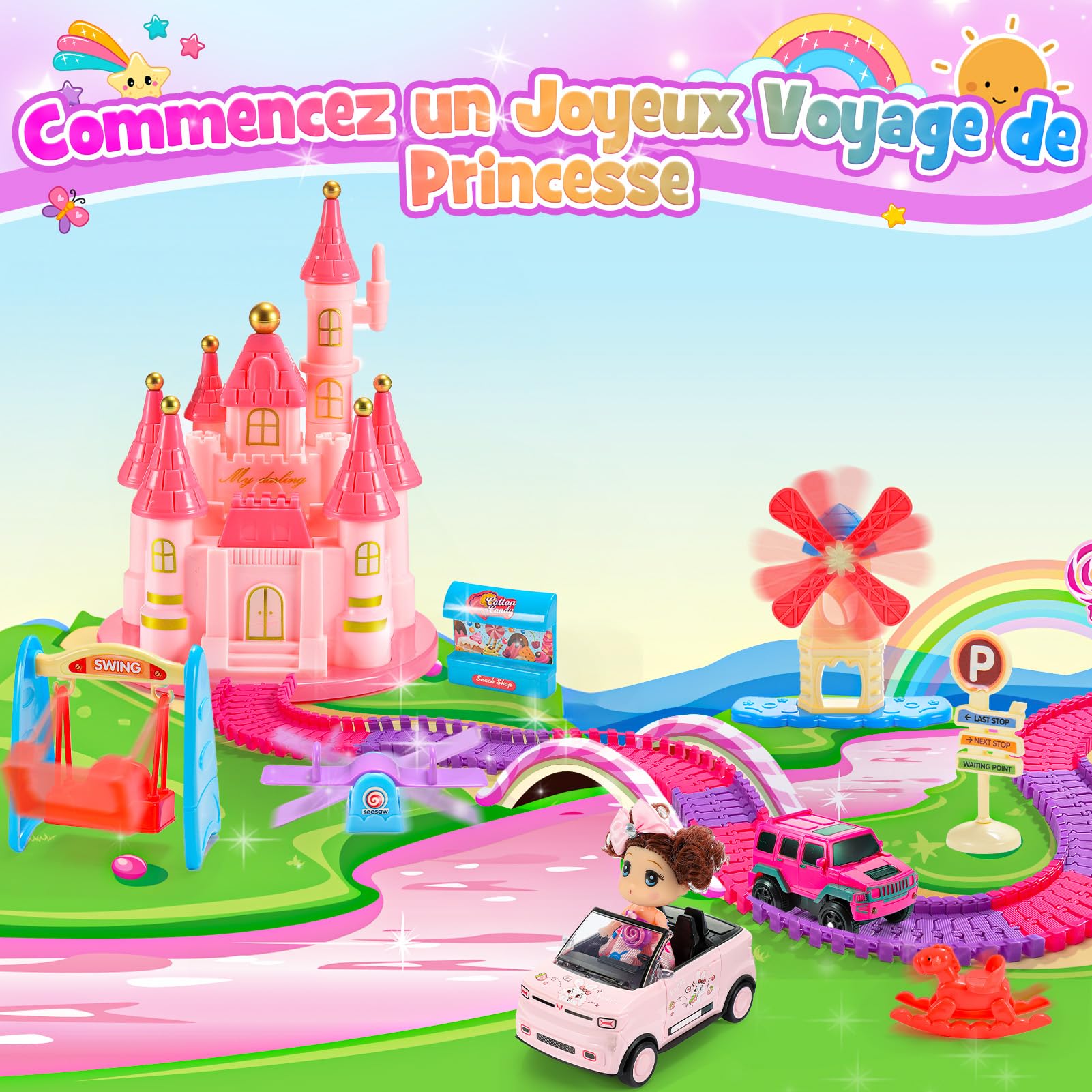 iKidiki Cadeau Fille 3 4 5 6 7 8 Ans, Circuit Voiture Enfant Jouet Fille 3-8 Ans Circuit Voiture Electrique Jeu Fille Train Electrique Enfant Cadeau Fille 3-8 Ans Anniversaire Cadeau Noël