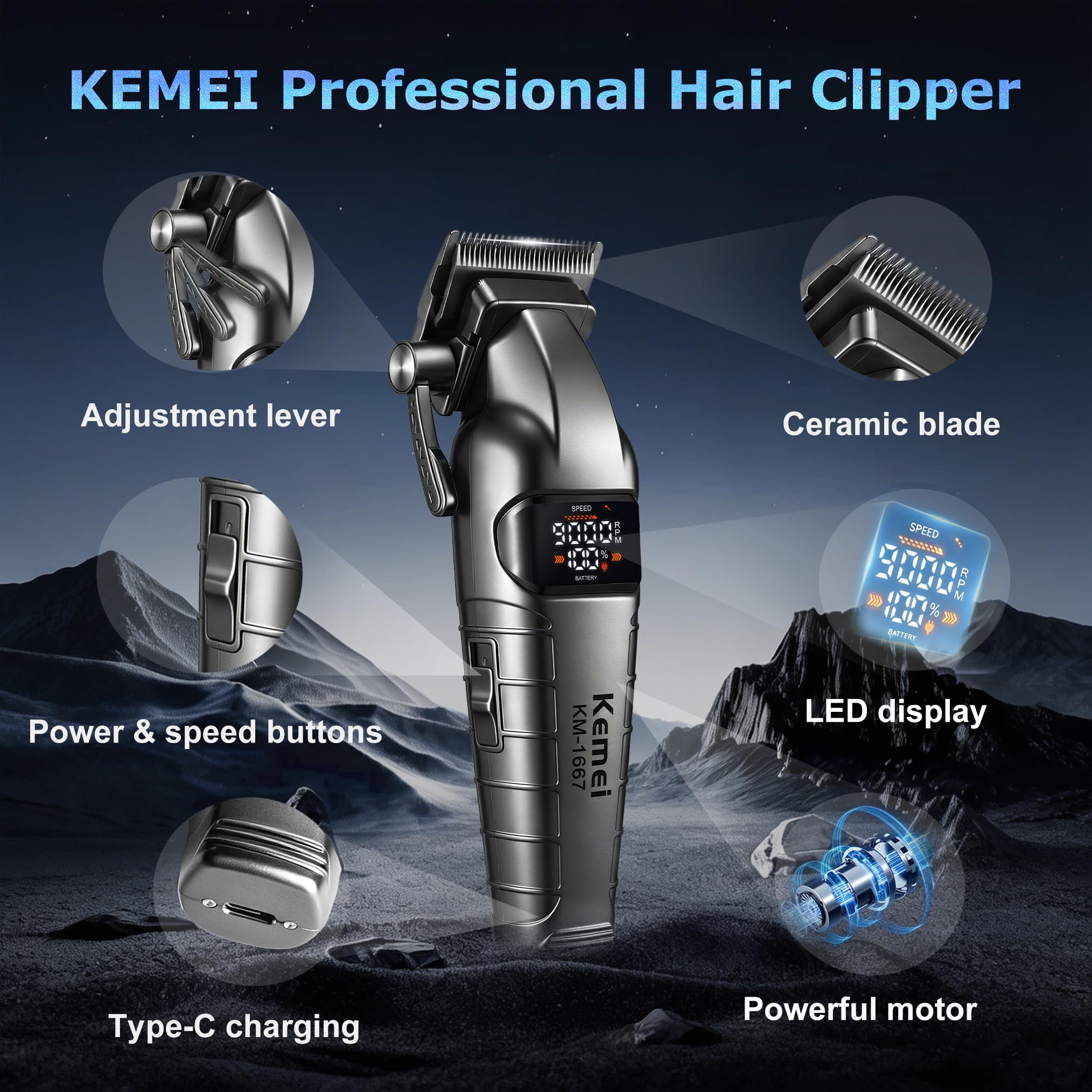 KEMEI 1667 Cortapelos Hombre Profesional, Maquina Cortar Pelo Inalámbrico | Motor2 Velocidades(8000/9000 RPM),6 Peines y Pantalla LED,Cuchilla de Cerámica y Acero-Ideal para Autocorte y Regalo(Gris)