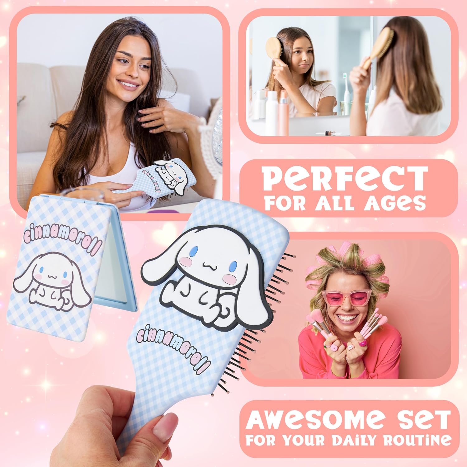 Hello Kitty Hair Brush and Compact Mirror Set, Kawaii Valentines Day Gifts for Women, Wife, Girlfriend, Girls, Teens, Detangler Brush, Kawaii Cute Stuff, Makeup Gifts (Cinnamoroll Brush & Mirror)