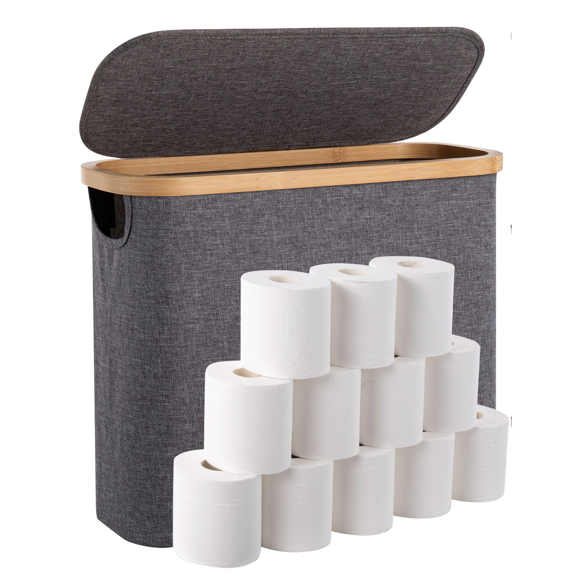 Woodluv Grey Toilet Roll Paper Storage Holder, 25L Toilet Roll Storage Basket With Lid Cover, Toilet Roll Holder Storage Stand Organiser Free Standing Box Unit Organizer For Bathroom,
