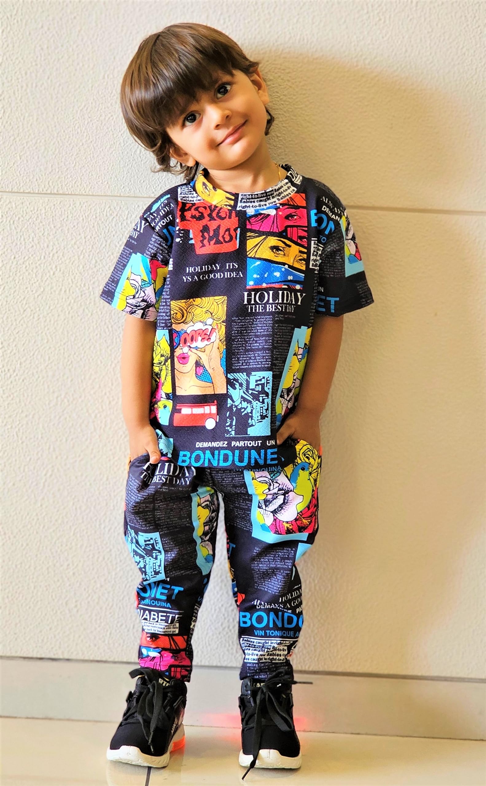 EMBLIKA Kids Polycotton Printed T-shirt and Pant Set for Casual Wear || Co-ord Set for Kids (Black, 1-2 Year) 1