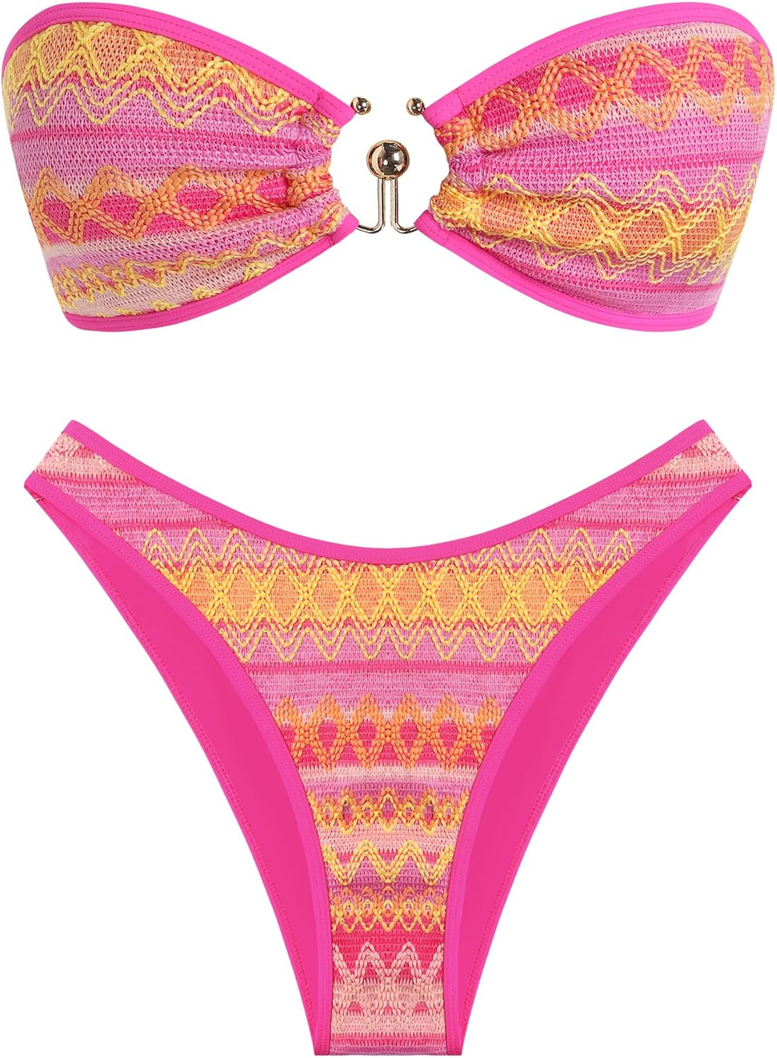 ZAFUL Crochet Bikini Sets for Women O Ring Colorblock Bandeau Bathing Suits Sexy High Cut Thong 2 Piece Swimwear
