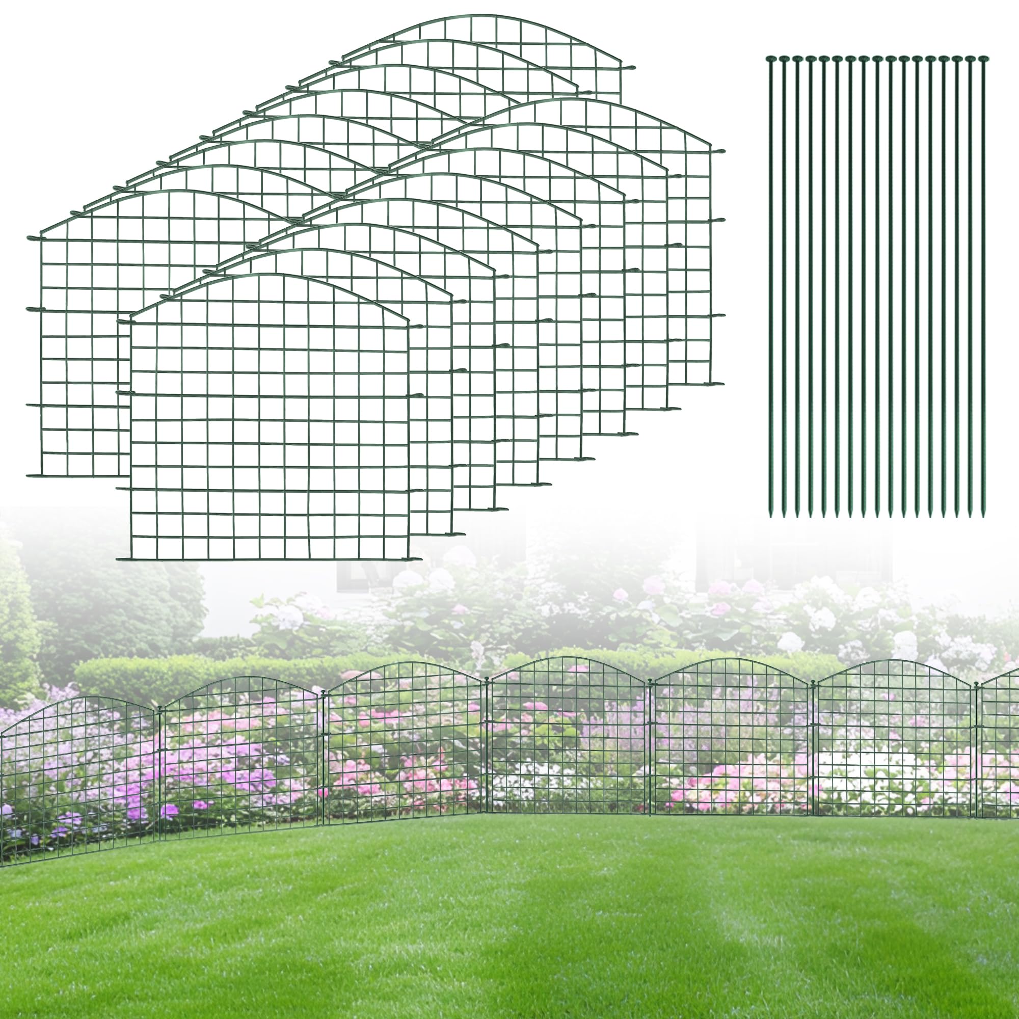 SERdeerCH Metall Teichzaun Set: 16 Zaunelemente+17 Stäbe, Drahtzaun mit grüner Oberflächenbeschichtung, stabil, schnelle Installation, robust und sicher, Garten ，Haustiere halten​ （Gesamt: 11,36 M）