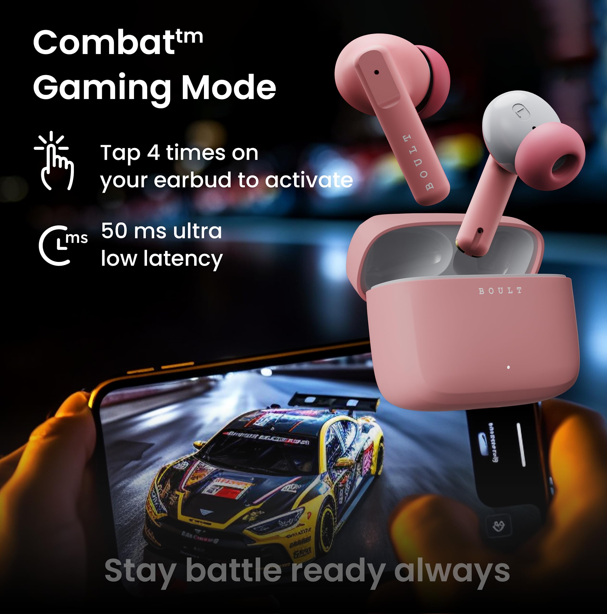 Boult Z60 Truly Wireless in Ear Earbuds with 60H Playtime, Zen™ ENC Mic, 50ms Low Latency, 13mm Bass Drivers, Type-C Fast Charging, Made in India, BT V5.3, Touch Control, IPX5 ear buds (Flamingo Pink) 4