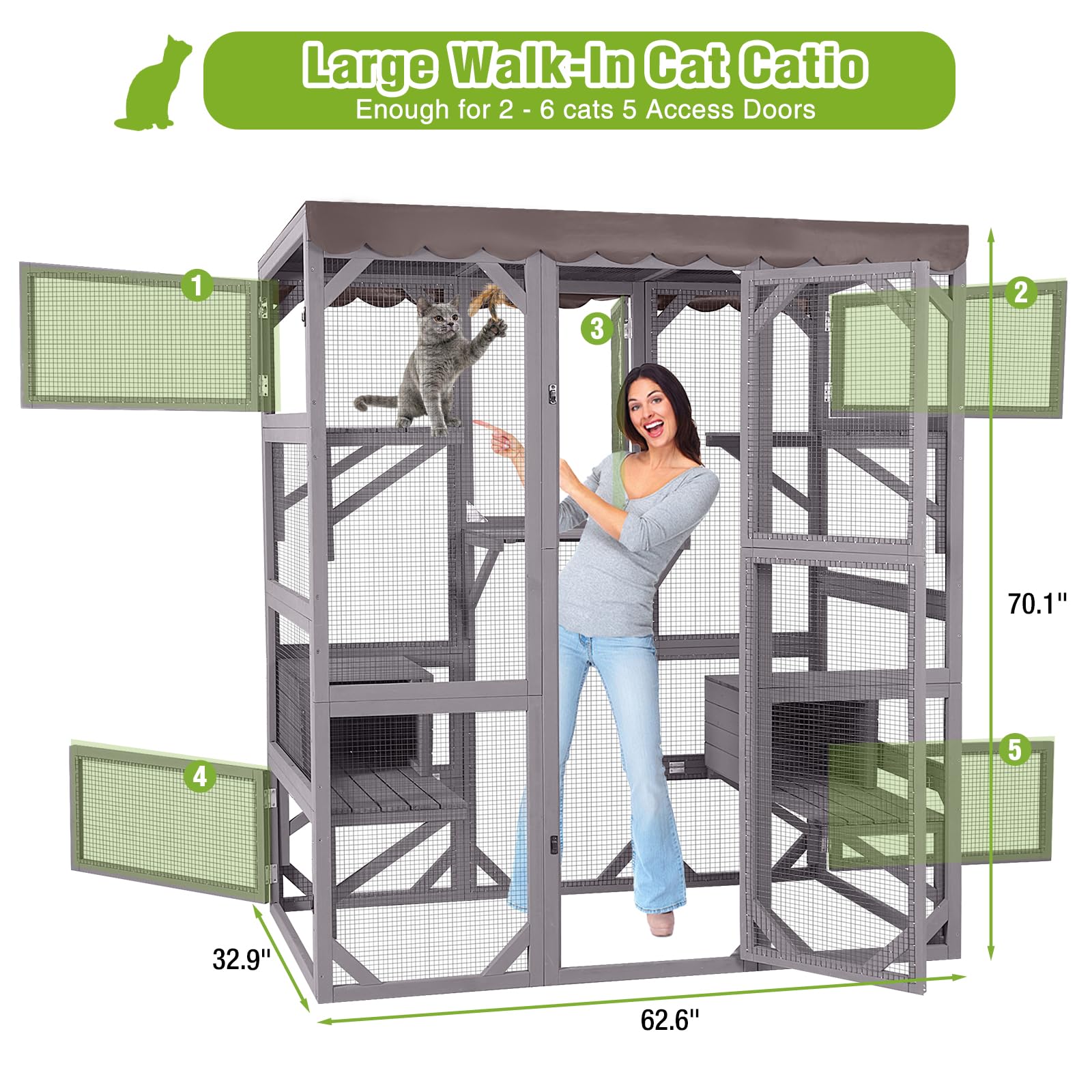 GUTINNEEN Catio Outdoor Cat Enclosure 70" Large Wooden Cat House Walk-in Cat Cage Kitty Shlter Playpen with 7 Platforms, 2 Resting Boxes, Waterproof Cover for 2-6 Cats (Grey)