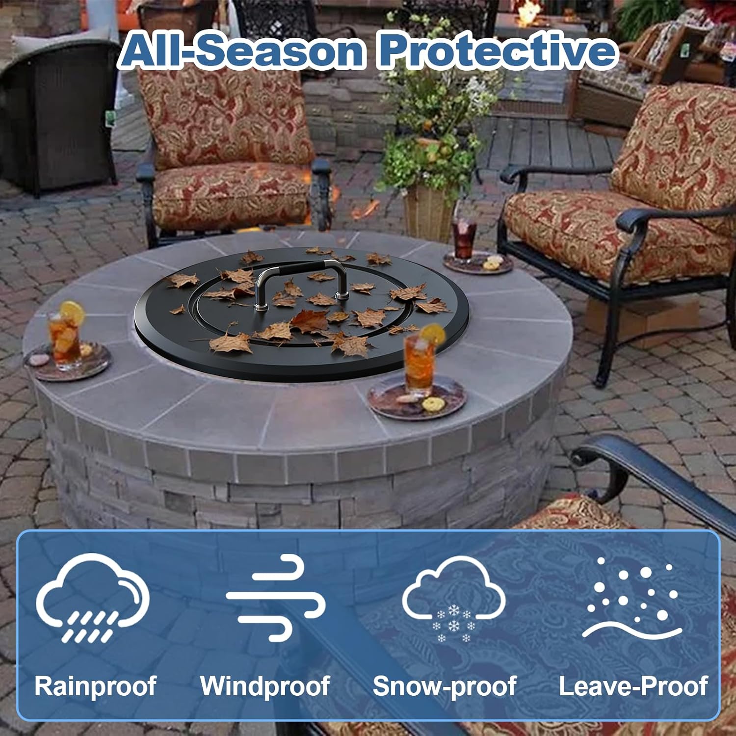 28.5 Inch Universal Fire Pit Lid Cover Round for Patio Outdoor Fire Pit Accessory, Heat Resistant Powder Coated Steel Firepit Cover with Handles for Firepit, Weatherproof for All Seasons
