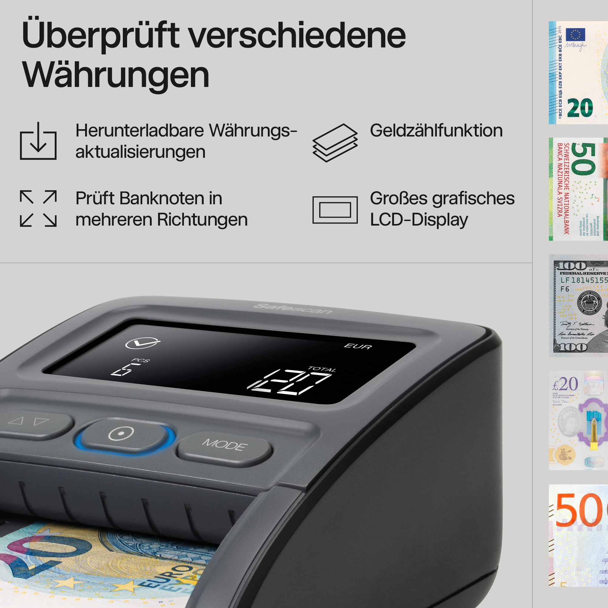 Safescan 155-S automatischer Geldscheinprüfer mit 7-facher Echtheitsprüfung