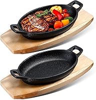 Vista 1 de Mifoci 2 piezas de mini sartén de hierro fundido con base de madera, pequeños platos de fajita de hierro fundido, sartén para panadero, olla negra