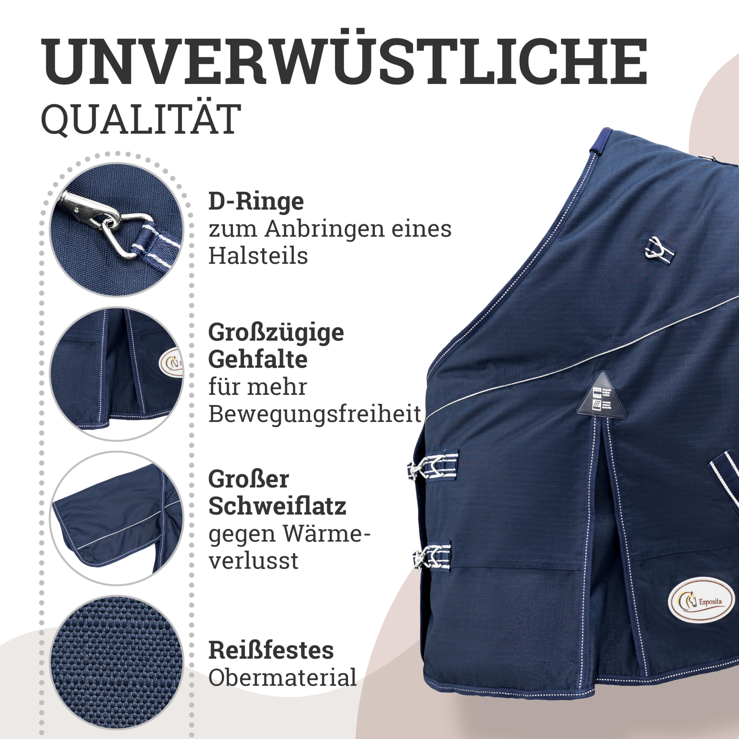 Esposita Airflow Outdoordecke Regendecke mit Fleece 200g Weidedecke Outdoordecke Übergangsdecke Champion Edition optimales Klima ohne Hitzestau 100% wasserdicht Pferdedecke 135cm Polarfleece Navy