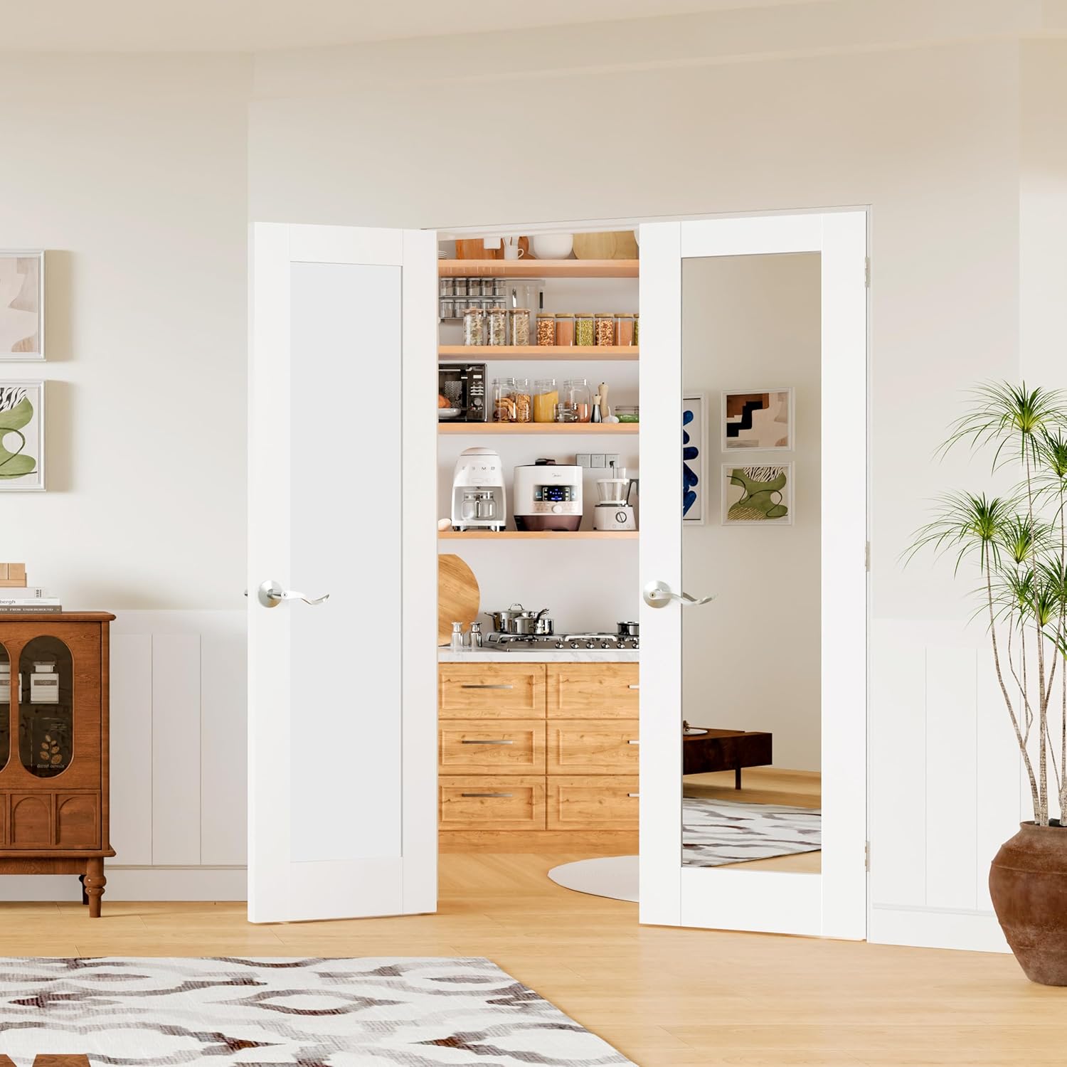 French Doors, 48" x 80" Interior Doors with Door Jamb & Hardware Kit and Silver Door Levers, 1-Lite Mirror Pantry Door as Prehung Door for Bedrooms, Closets, Easy to Install