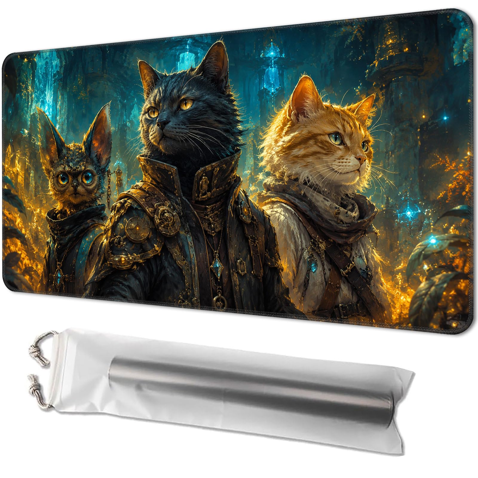 Playmat for MTG, 24 x 14 Inch Non-Slip TCG Mat, Armored Fantasy Cats