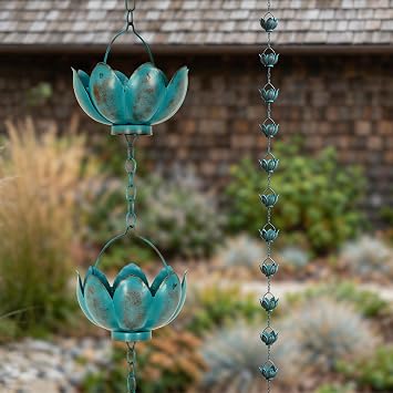 8.7FT Patina Blue Lotus Cup Rain Chain for Gutters, Decorative Metal Rain Diverter, Adjustable Rust-Resistant Rain Chain for Outdoor Garden, Patio & Porch, 12 Cups