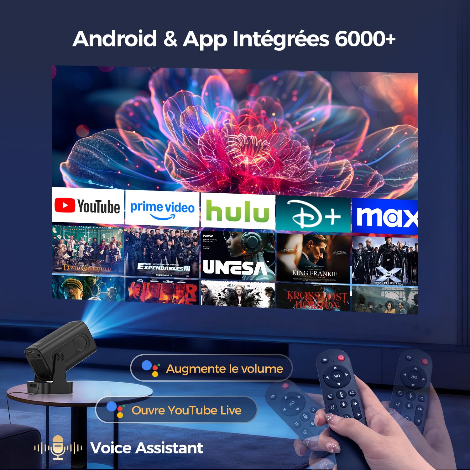 Alwtniet Videoprojecteur 4K, 1080P Mini Projecteur Video Android WiFi 6 BT 5.4, Mise au Point Automatique Correction Trapézoïdale Rotation 180° Retroprojecteur Compatibile avec HDMI/TV Stick, HY310
